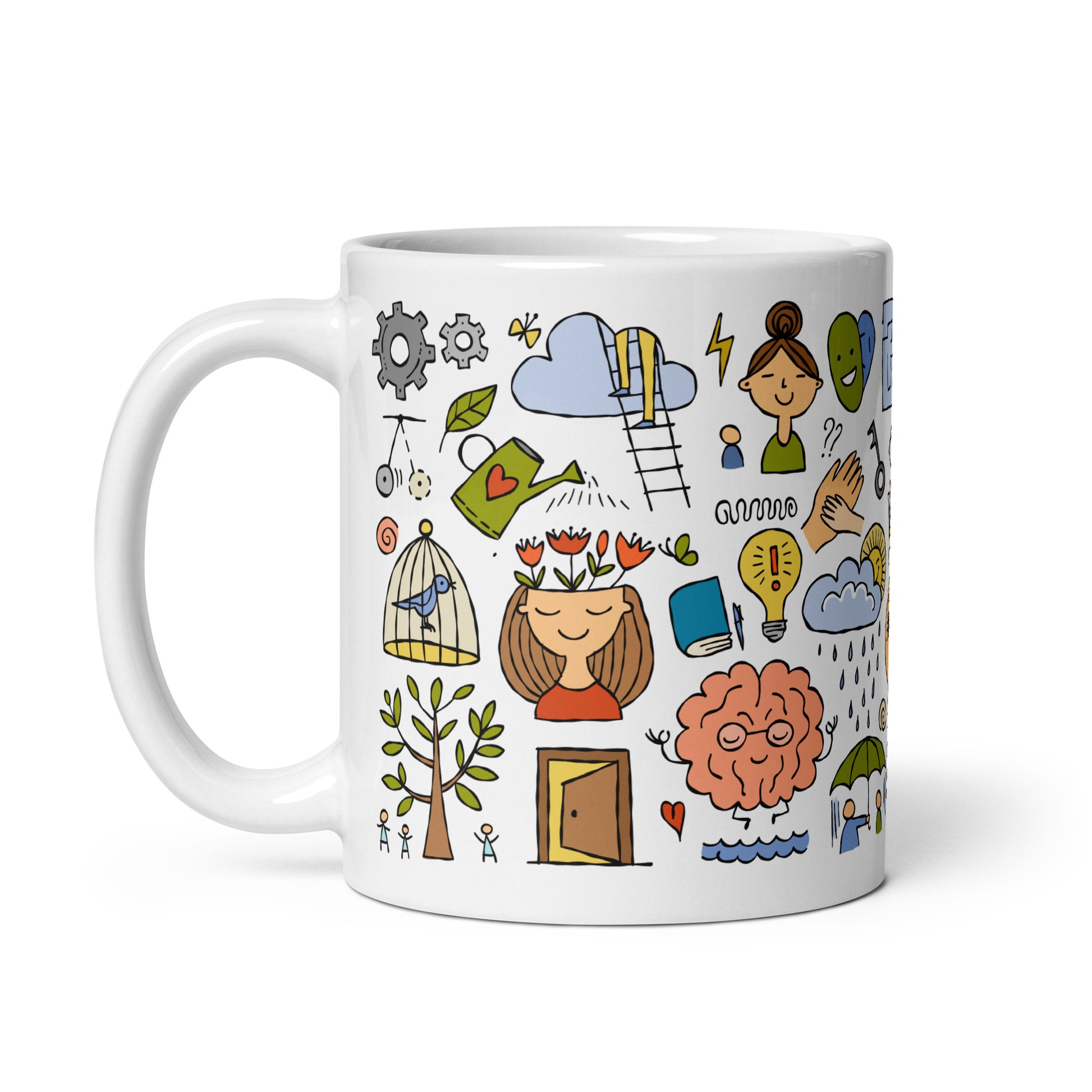 Personalized funny Psychology concept art mug 11oz with the quote "Change your thoughts and you change your world" by Norman Vincent Peale.