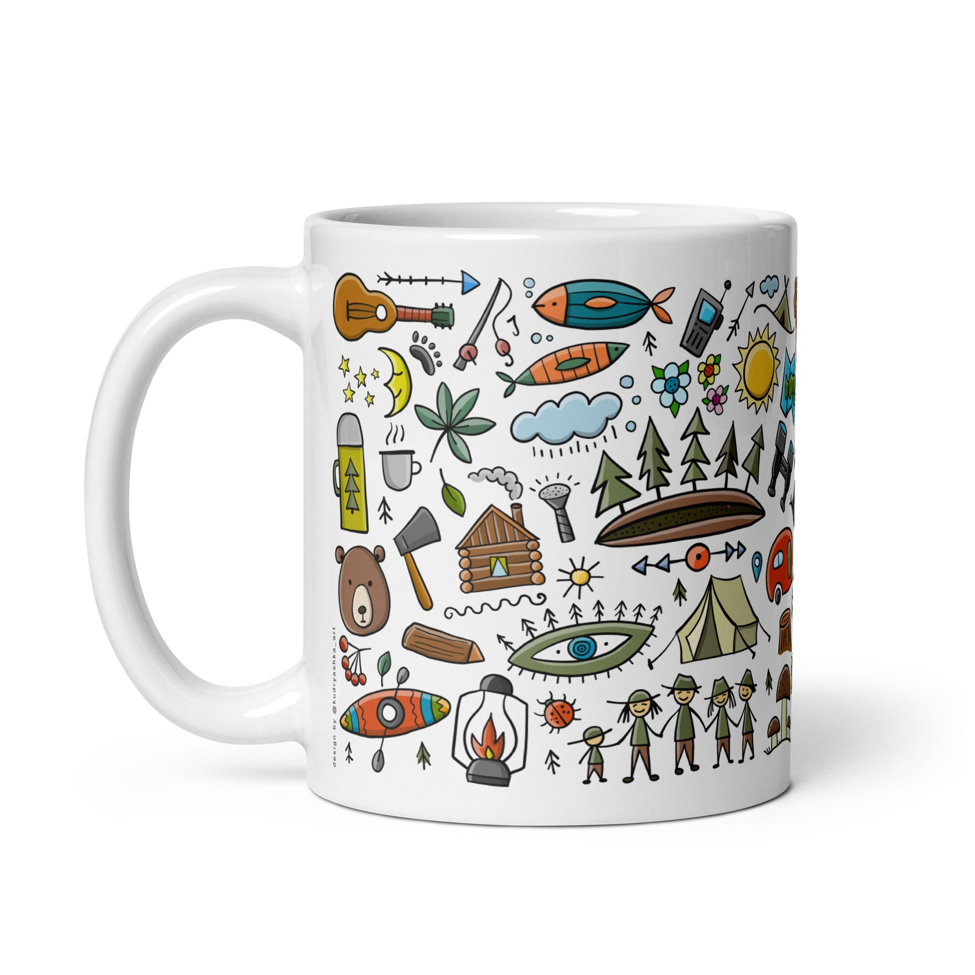 11 oz gift ceramic mug for camping and nature lovers. Basic text on mug: Camping therapy. Coffee in the Great Outdoors. The main text on the mug can be replaced for your own. Back side