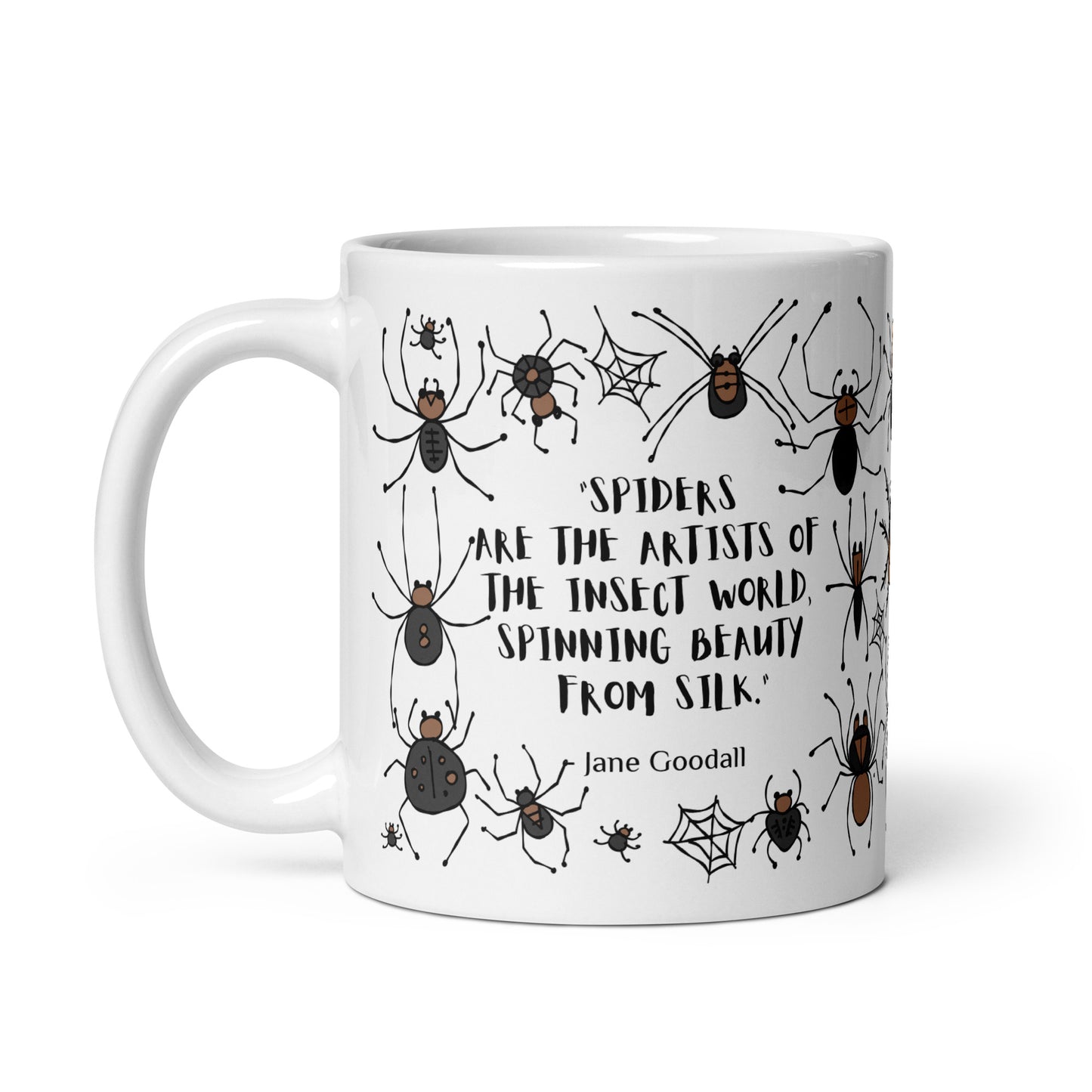 Personalised Ceramic mug 11oz spiders for Arachnologist. Quote on mug: "Spiders are the artists of the insect world, spinning beauty from silk." - Jane Goodall