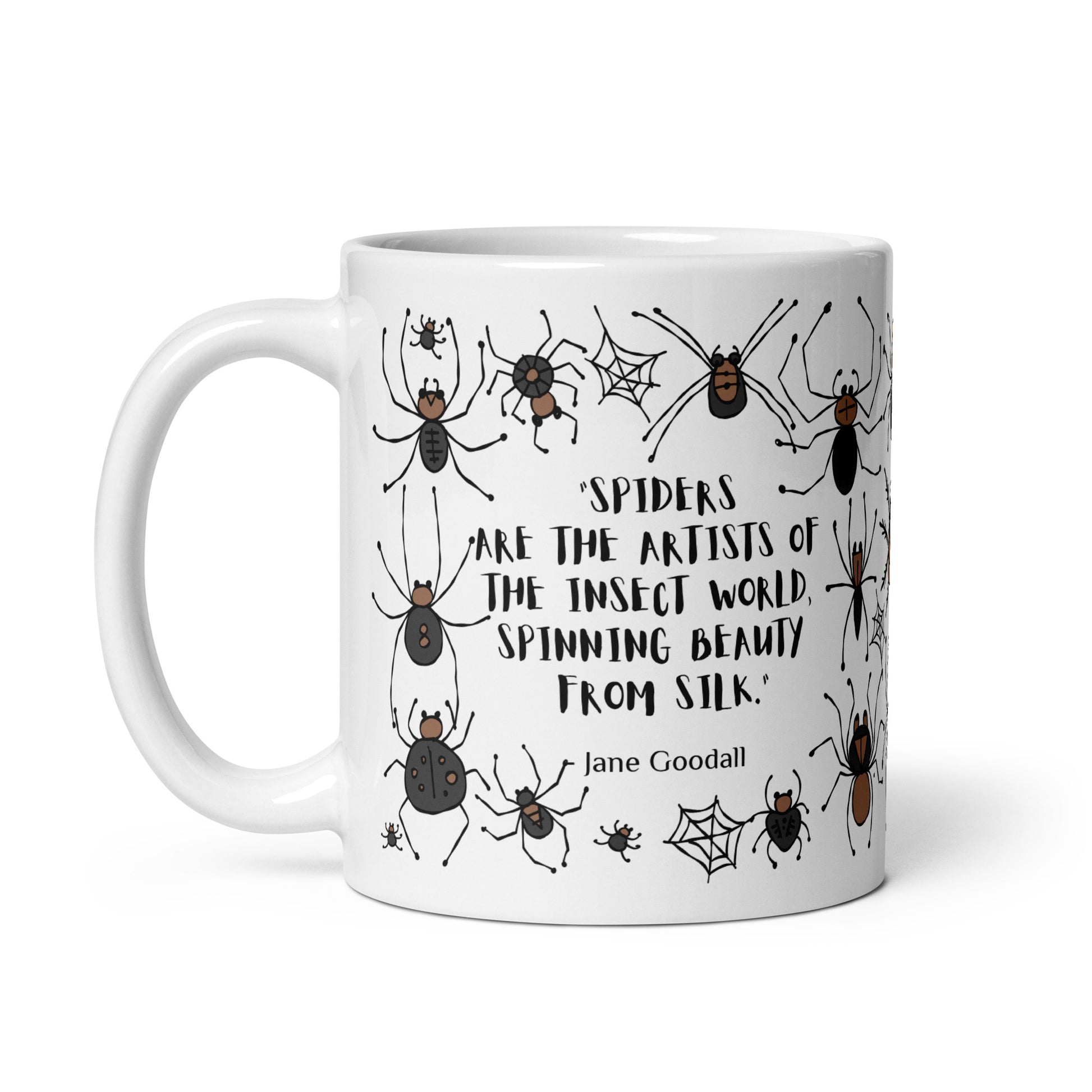 Personalised Ceramic mug 11oz spiders for Arachnologist. Quote on mug: "Spiders are the artists of the insect world, spinning beauty from silk." - Jane Goodall