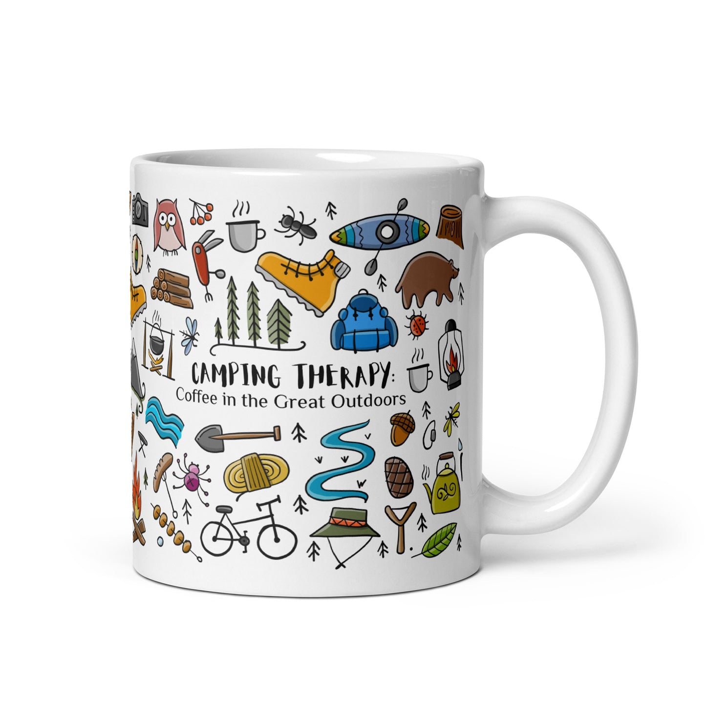 11 oz gift ceramic mug for camping and nature lovers. Basic text on mug: Camping therapy. Coffee in the Great Outdoors. The main text on the mug can be replaced for your own.