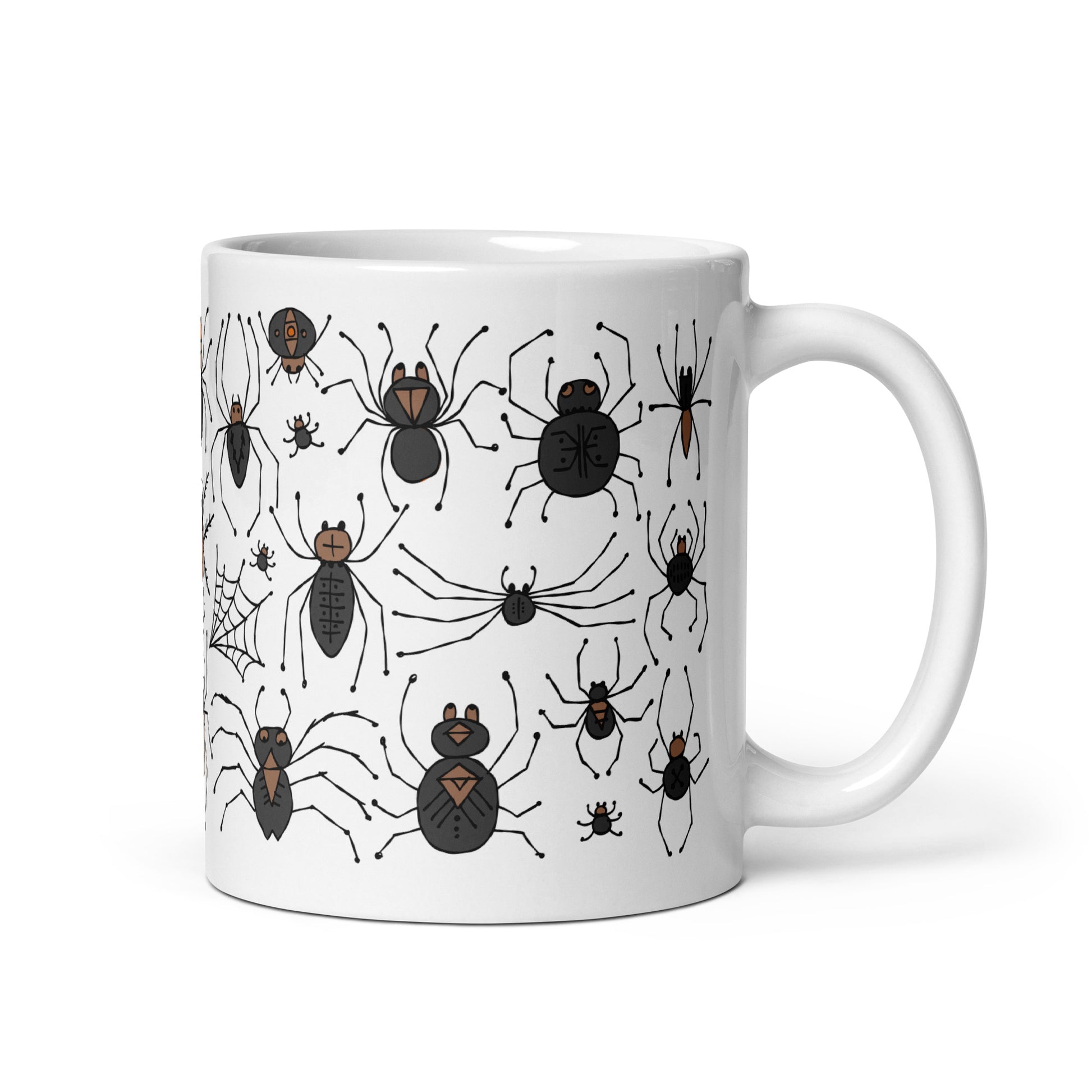 Ceramic mug 11oz with spiders for Arachnologist. Quote on mug: "Spiders are the artists of the insect world, spinning beauty from silk." - Jane Goodall. Back side