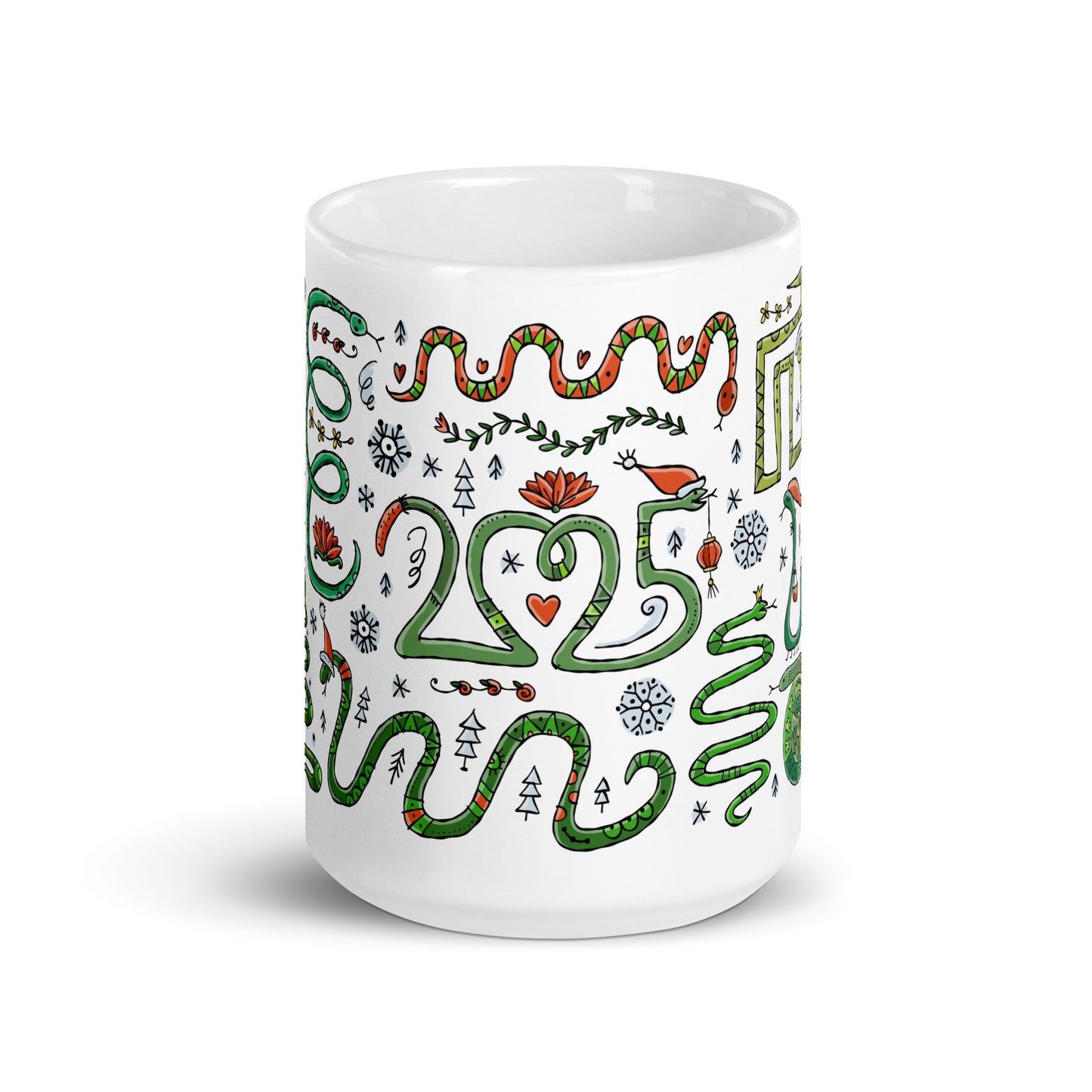 Mug 15 oz with 'Year of the Snake 2025' design, Chinese zodiac, ceramic mug with funny snakes in santa hats, symbol for a gift, personalized souvenir for New Year. front view