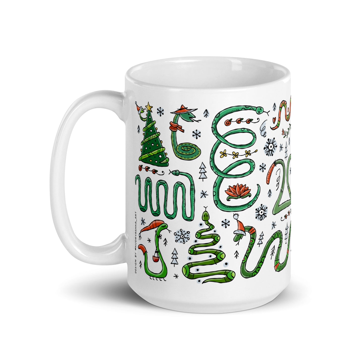 Mug 15 oz with 'Year of the Snake 2025' design, Chinese zodiac, ceramic mug with funny snakes in santa hats, symbol for a gift, personalized souvenir for New Year