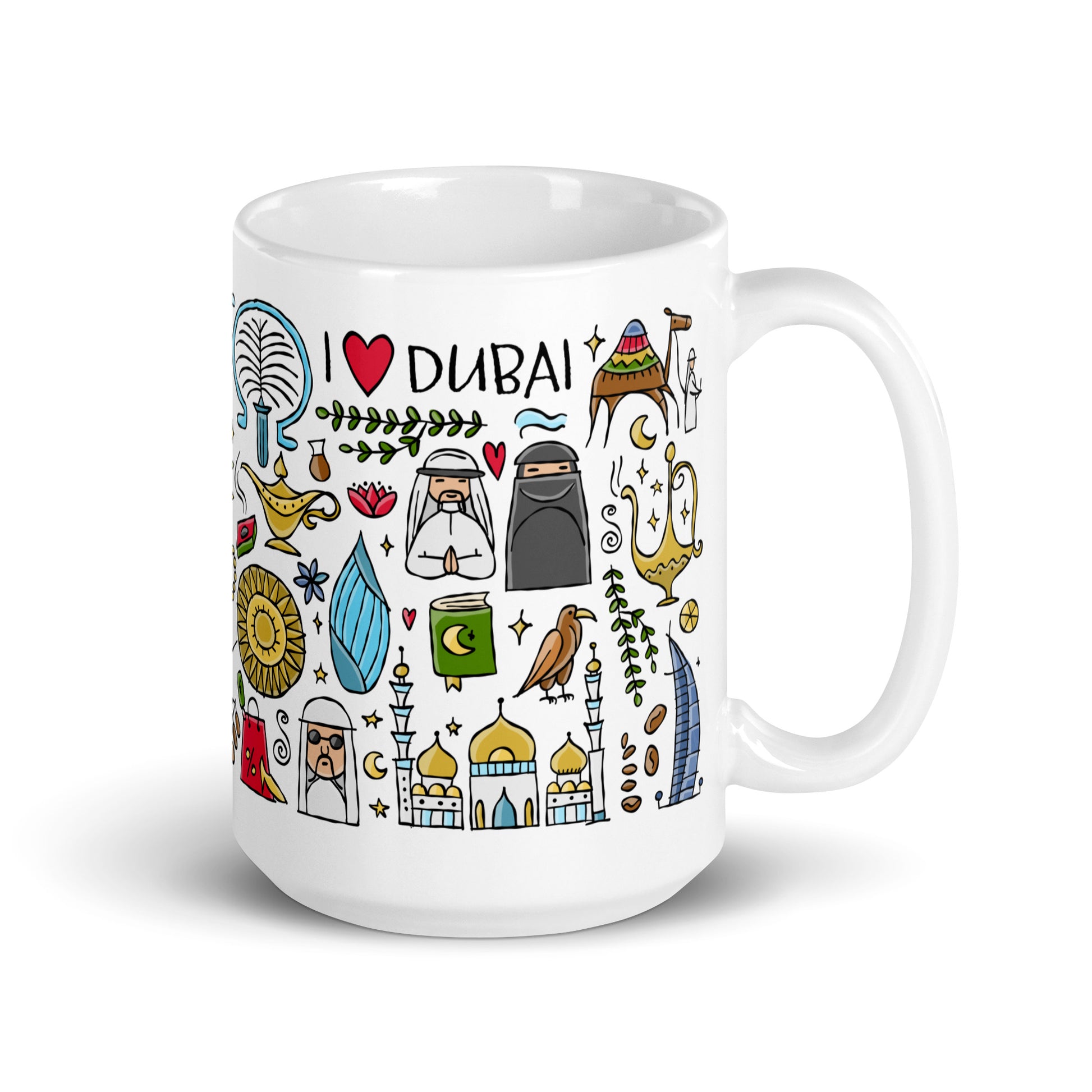 White ceramic Gift mug 15 oz with designer print Dubai UAE country 