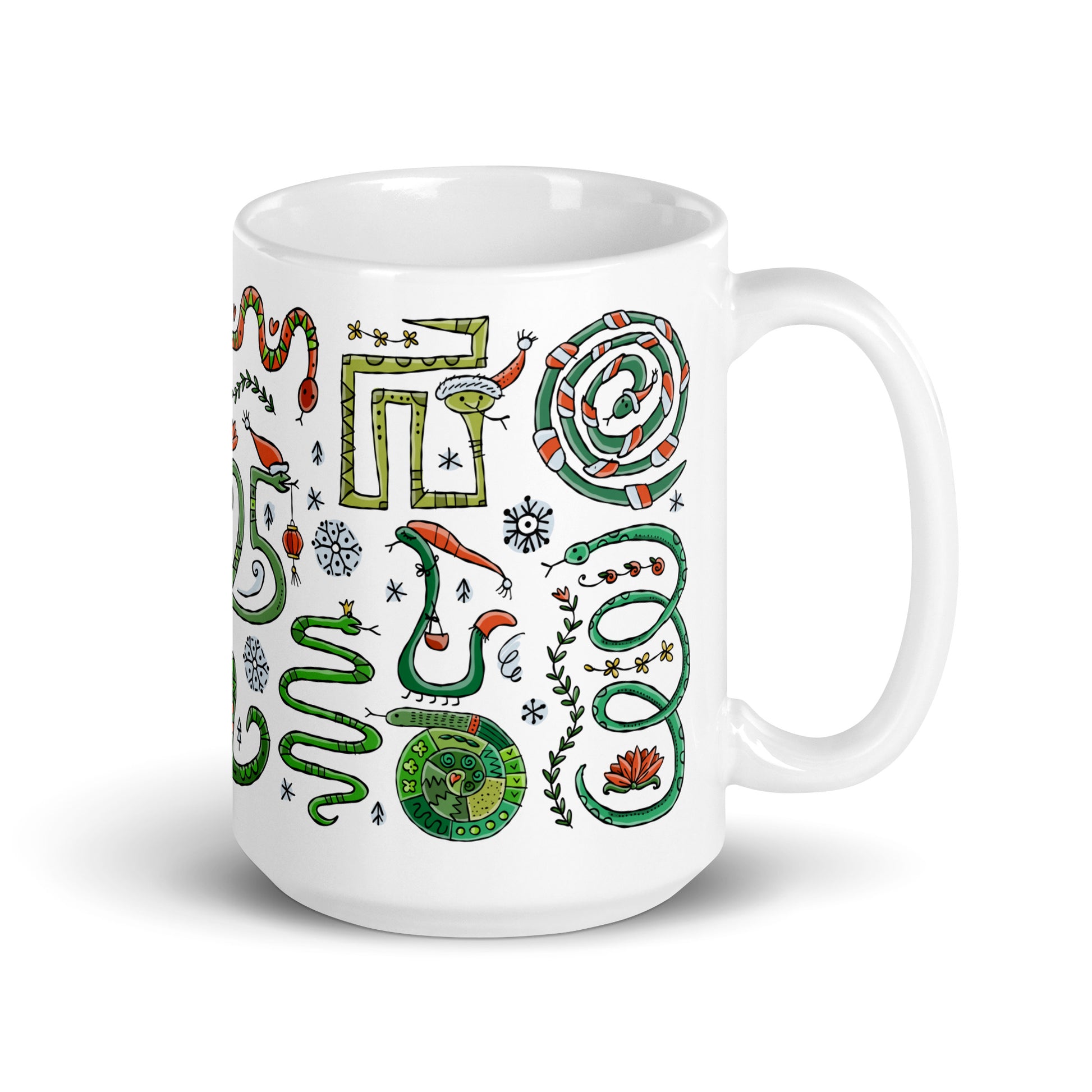 Mug 15 oz with 'Year of the Snake 2025' design, Chinese zodiac, ceramic mug with funny snakes in santa hats, symbol for a gift, personalized souvenir for New Year