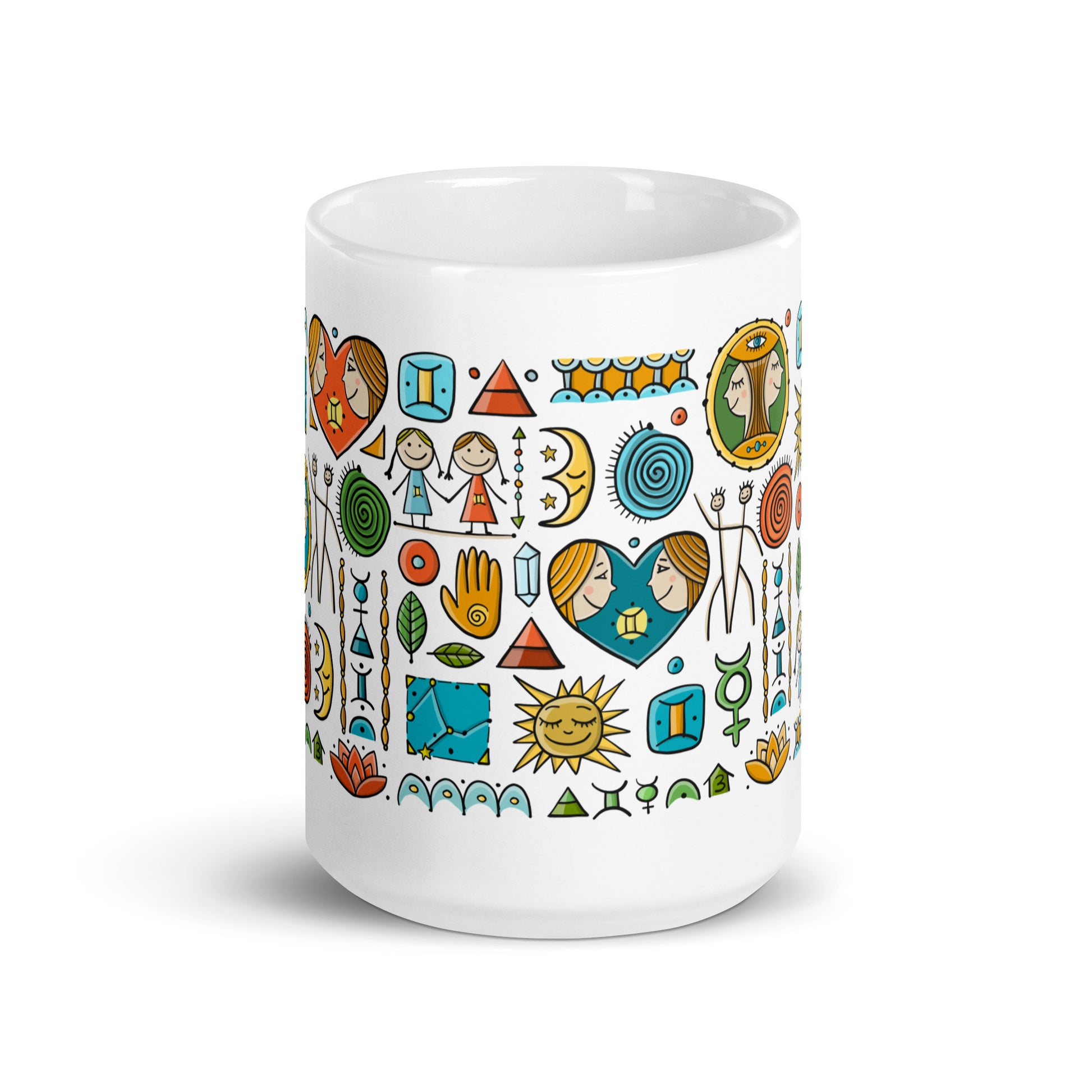 Gemini Zodiac Mug 15 oz: A white ceramic mug featuring a Gemini zodiac symbol design for astrology enthusiasts. Great gift idea for Gemini.