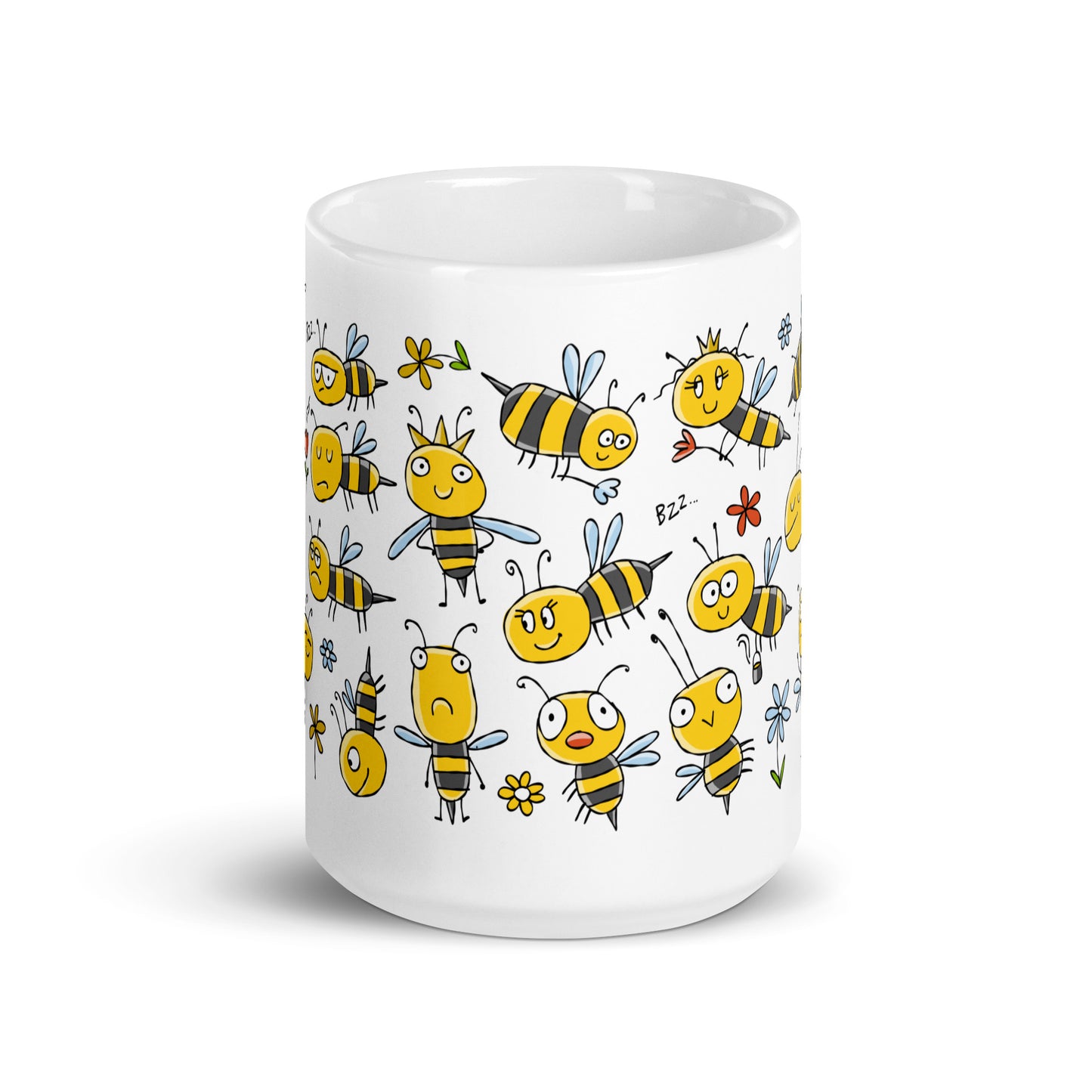 15 oz ceramic mug with Beehive print - funny and cute yellow bees characters.