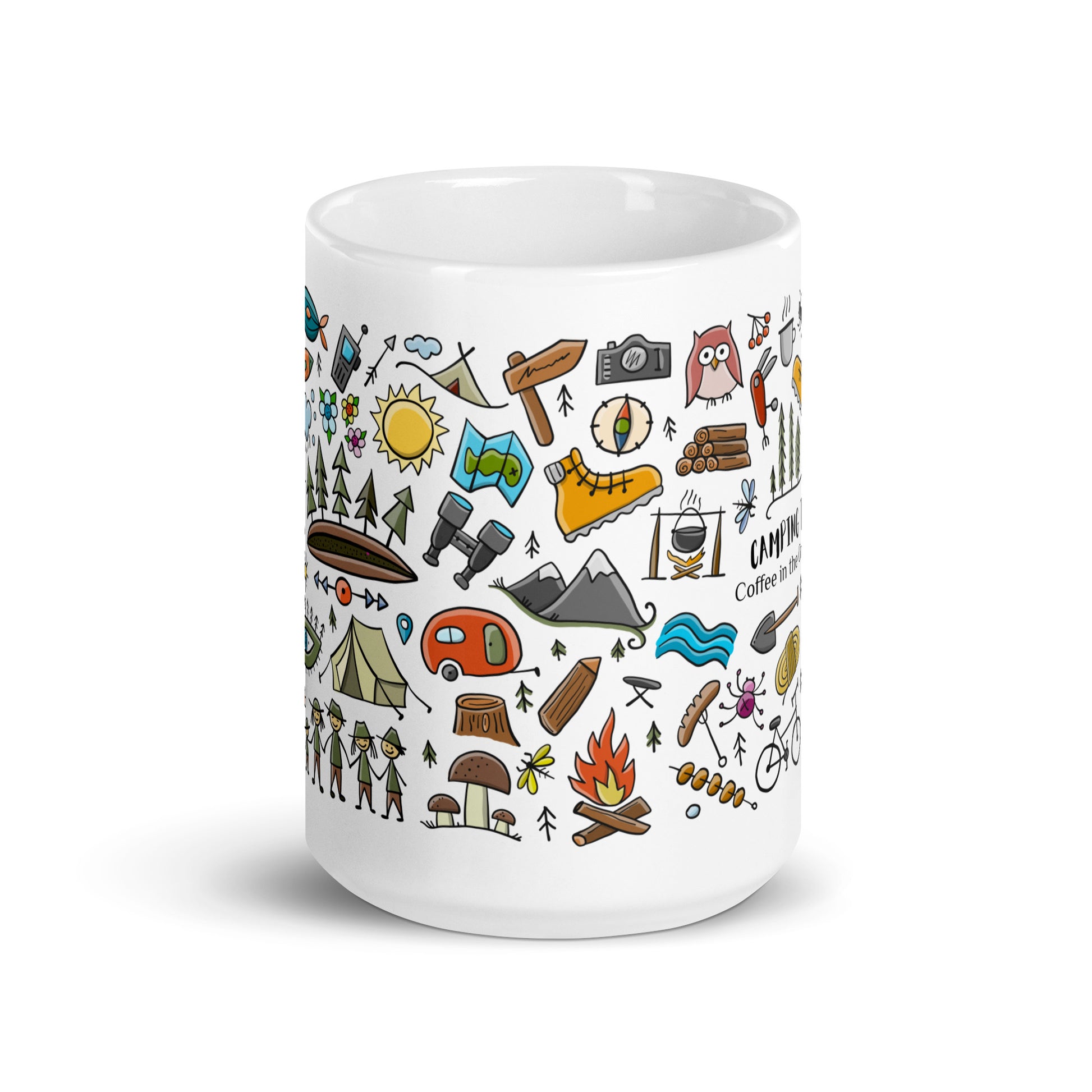 15 oz gift ceramic mug for camping and nature lovers. Basic text on mug: Camping therapy. Coffee in the Great Outdoors. The main text on the mug can be replaced for your own.