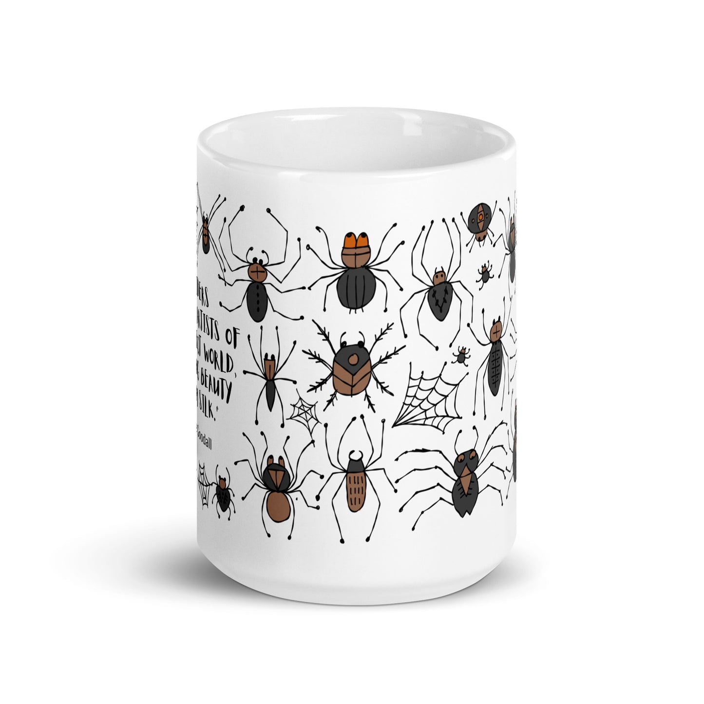 Personalised Ceramic mug 15oz spiders for Arachnologist. Quote on mug: "Spiders are the artists of the insect world, spinning beauty from silk." - Jane Goodall