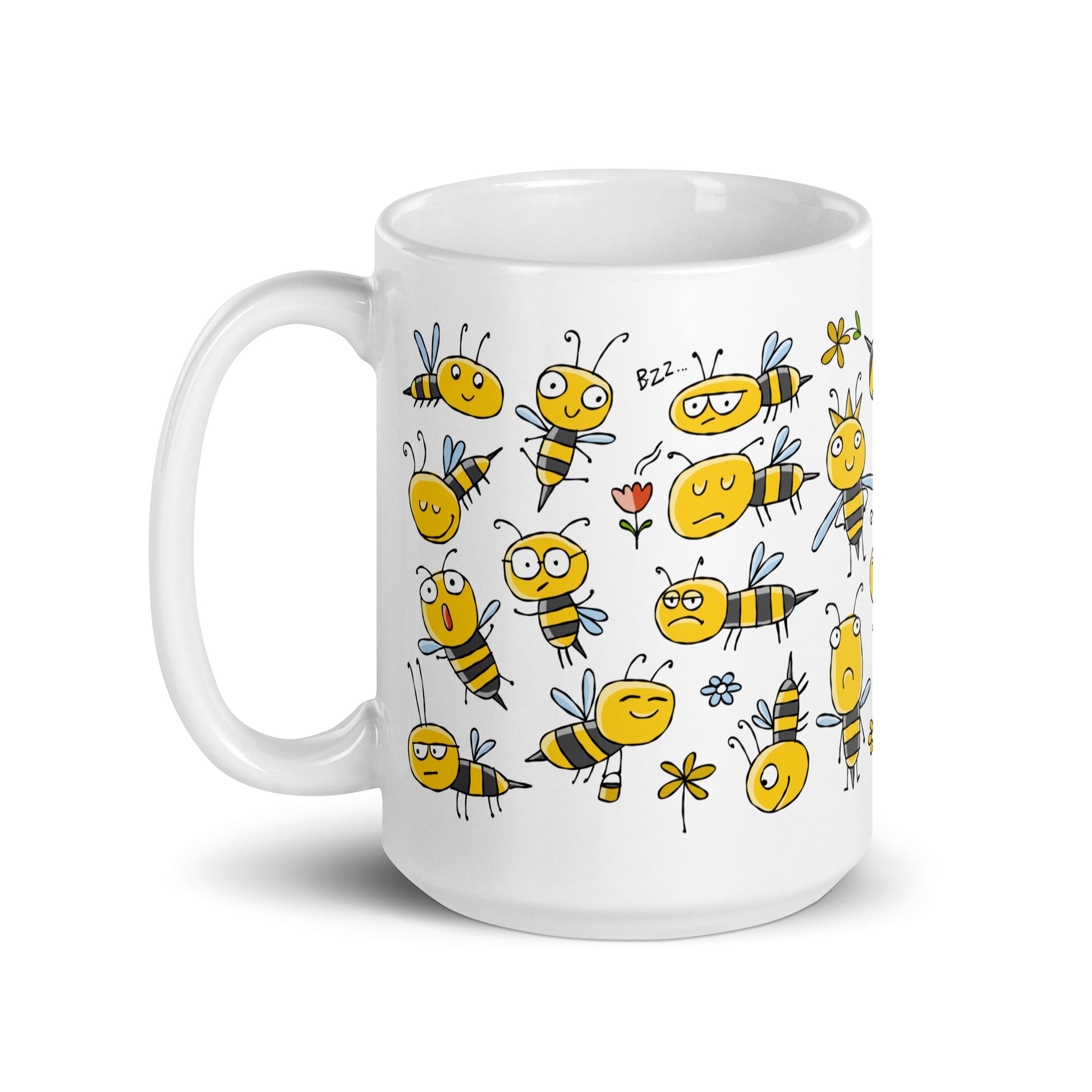 15 oz ceramic mug with Beehive print - funny and cute yellow bees characters.