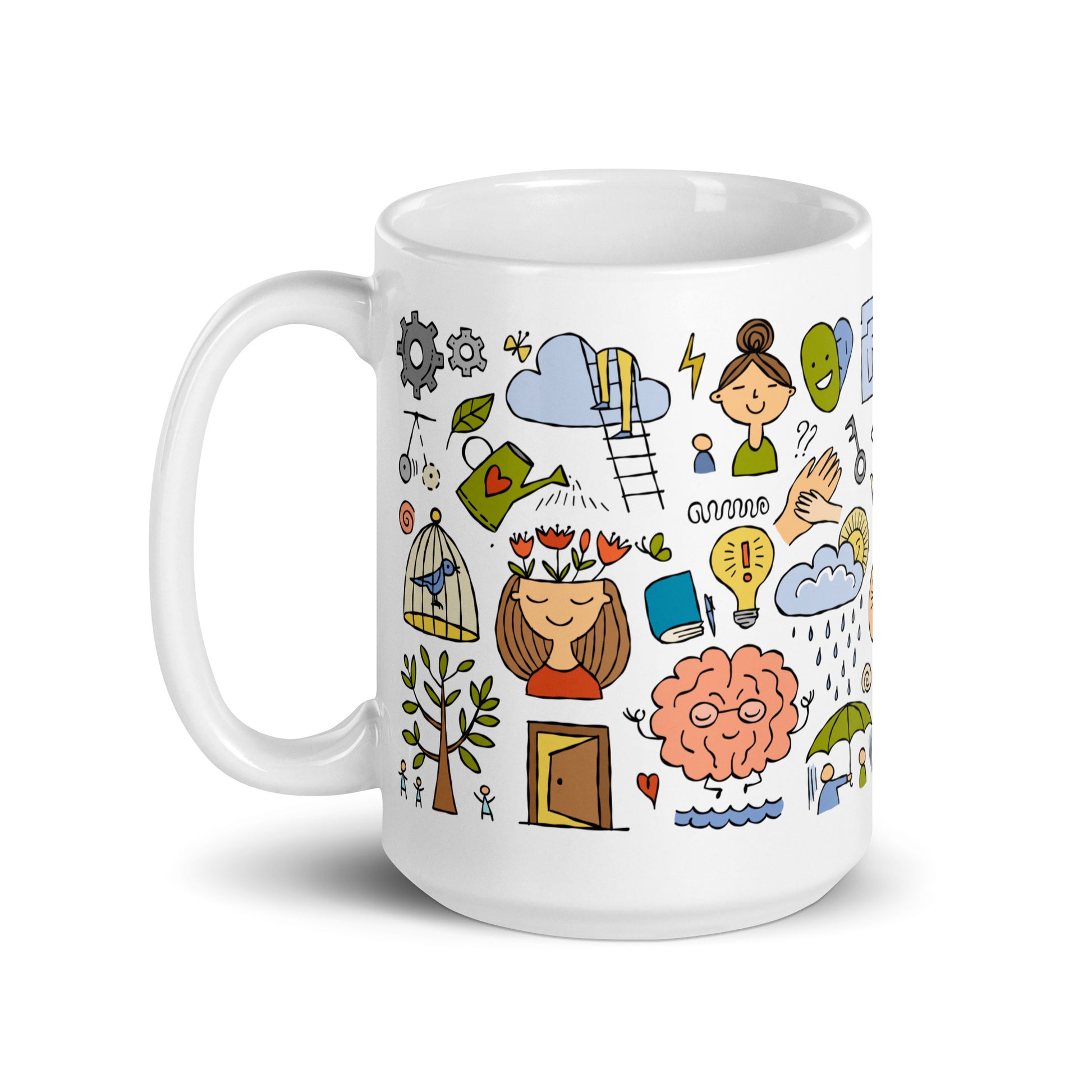 Personalized funny Psychology concept art mug 15oz with the quote "Change your thoughts and you change your world" by Norman Vincent Peale. Left side