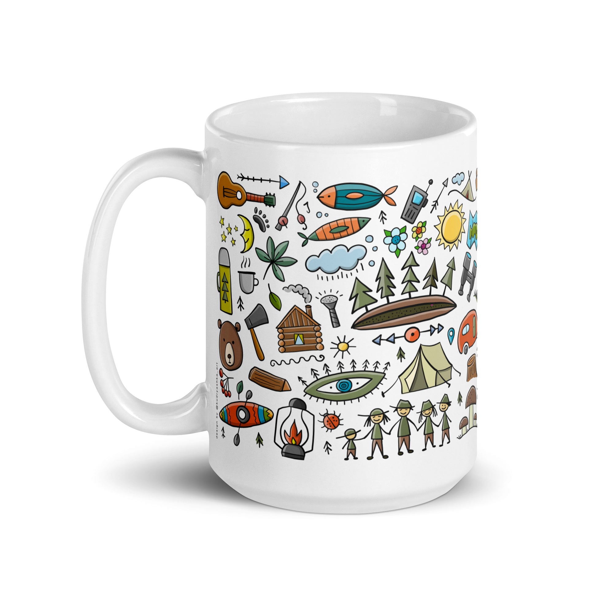 15 oz gift ceramic mug for camping and nature lovers. Basic text on mug: Camping therapy. Coffee in the Great Outdoors. The main text on the mug can be replaced for your own. Back side