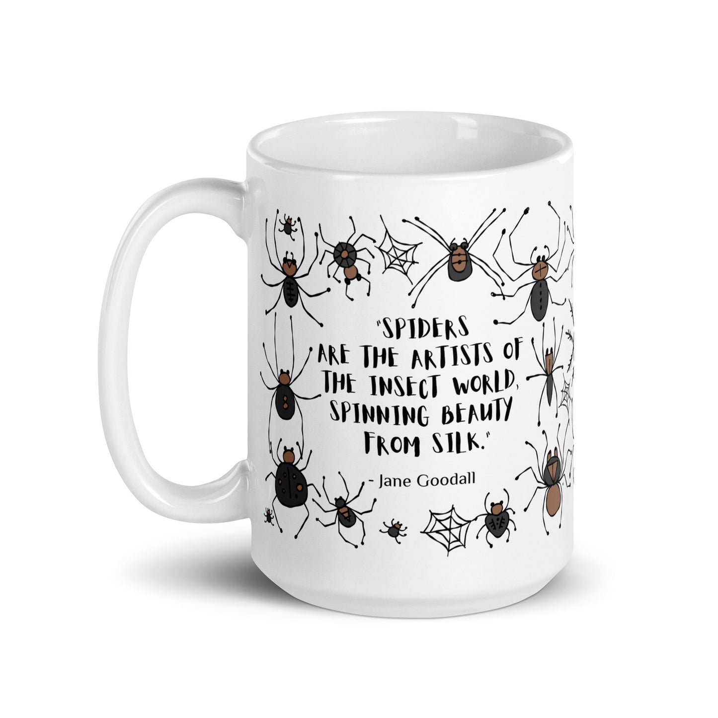 Personalised Ceramic mug 15oz spiders for Arachnologist. Quote on mug: "Spiders are the artists of the insect world, spinning beauty from silk." - Jane Goodall
