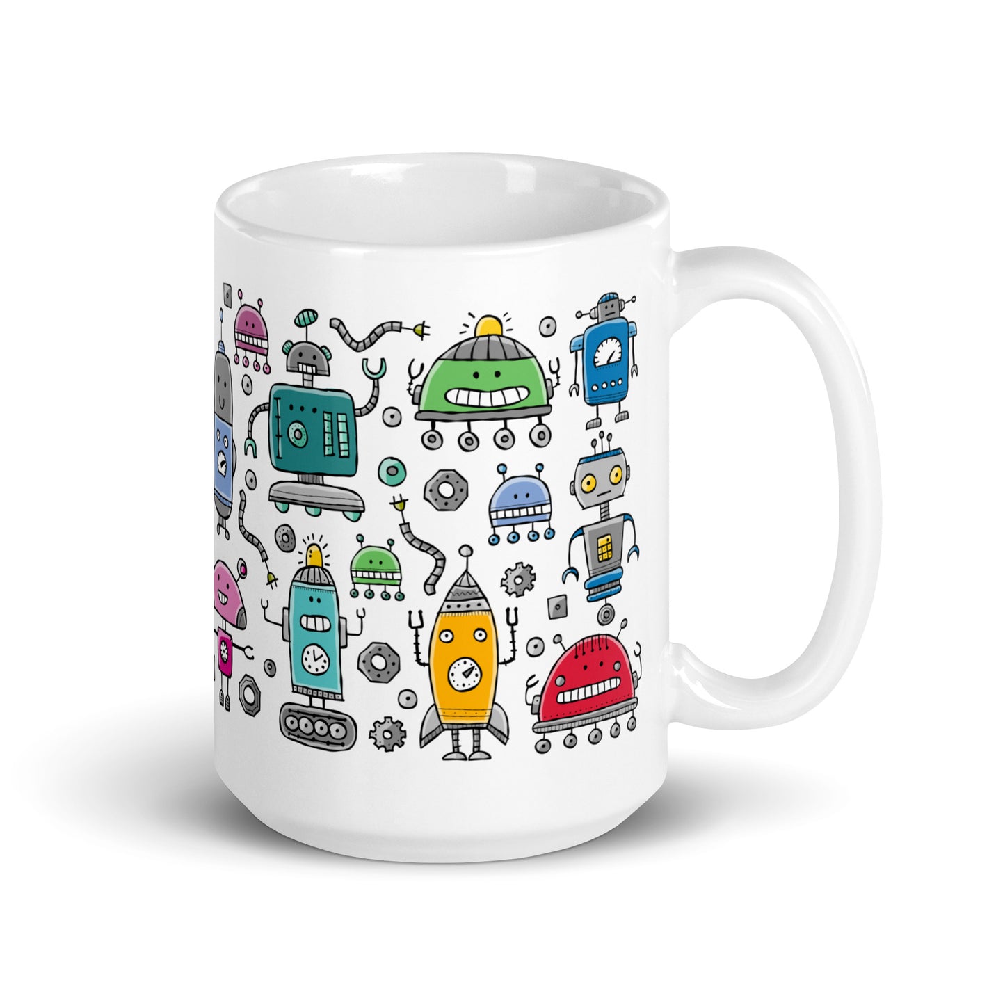 A white ceramic 15oz mug with a collection of colorful and comical robots, perfect for adding joy and laughter to your morning routine
