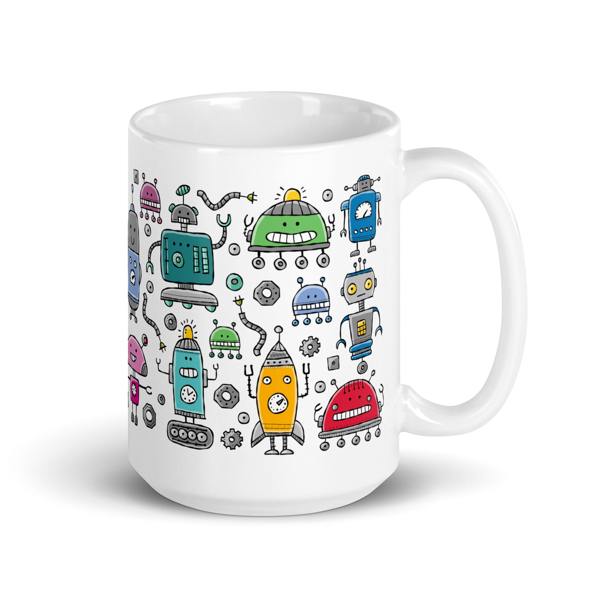 A white ceramic 15oz mug with a collection of colorful and comical robots, perfect for adding joy and laughter to your morning routine