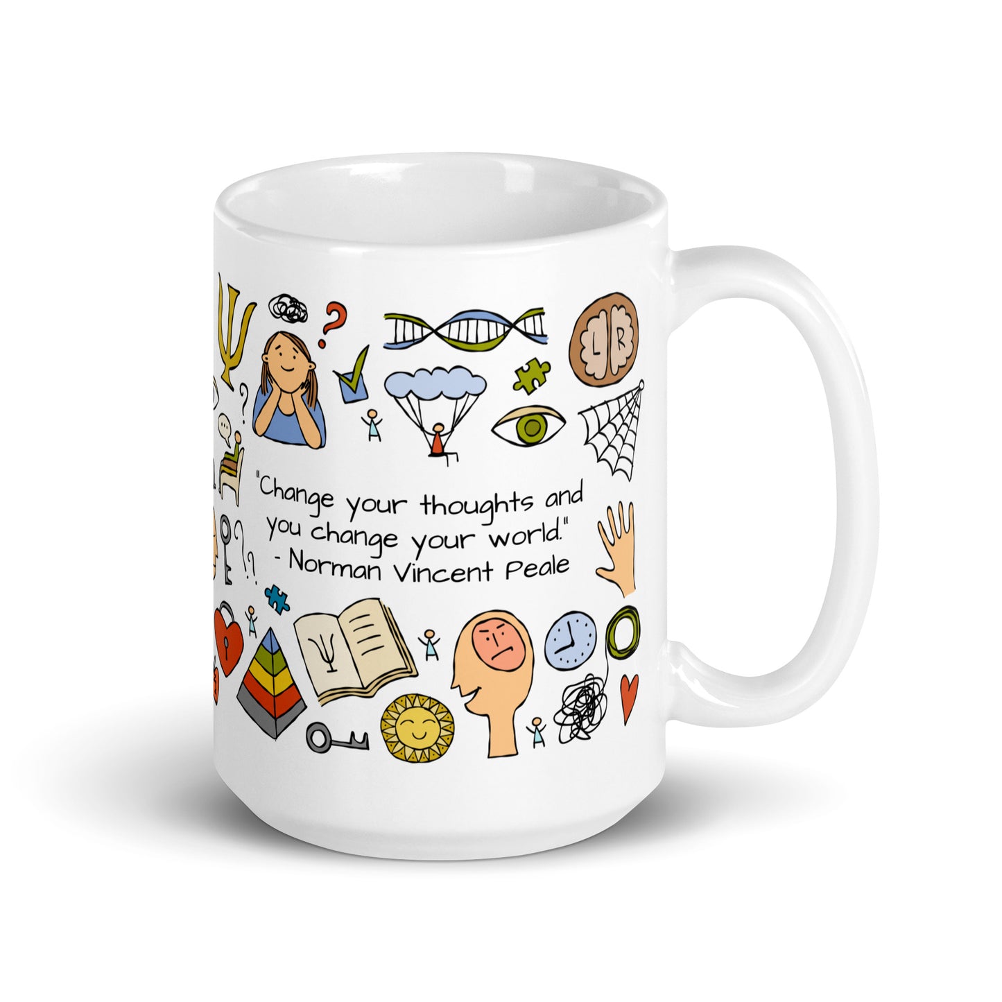 Personalized funny Psychology concept art mug 15oz with the quote "Change your thoughts and you change your world" by Norman Vincent Peale.