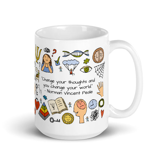 Personalized funny Psychology concept art mug 15oz with the quote "Change your thoughts and you change your world" by Norman Vincent Peale.