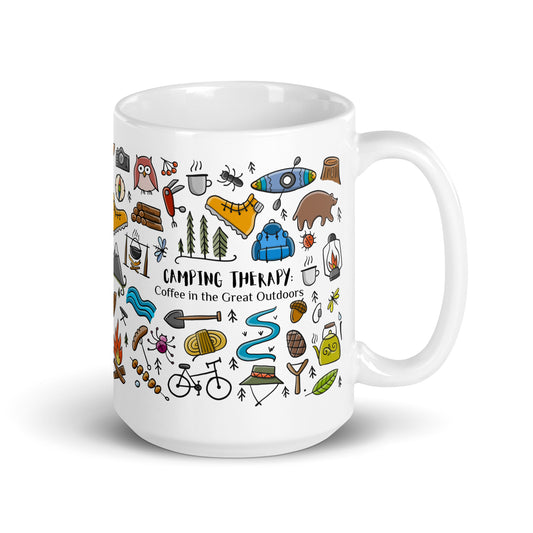 15 oz gift ceramic mug for camping and nature lovers. Basic text on mug: Camping therapy. Coffee in the Great Outdoors. The main text on the mug can be replaced for your own.