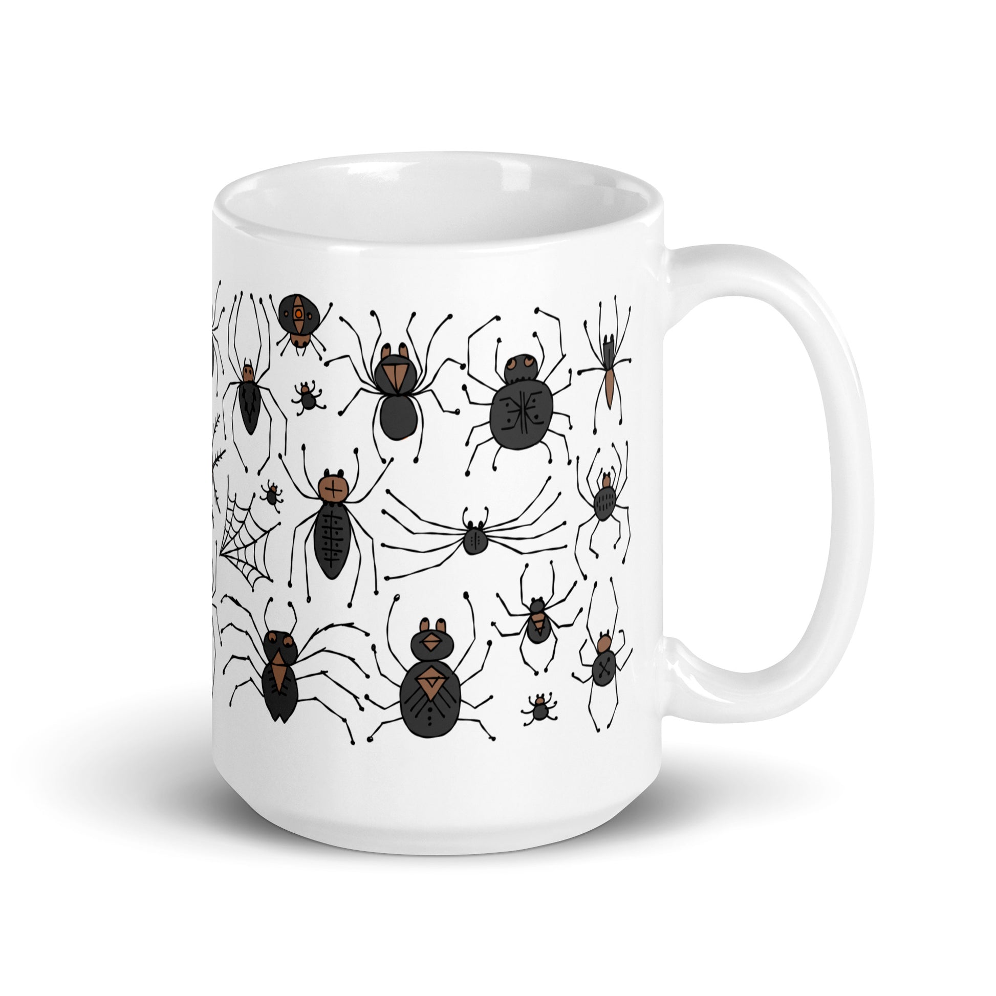 Ceramic mug 15oz with spiders for Arachnologist. Quote on mug: "Spiders are the artists of the insect world, spinning beauty from silk." - Jane Goodall. Back side