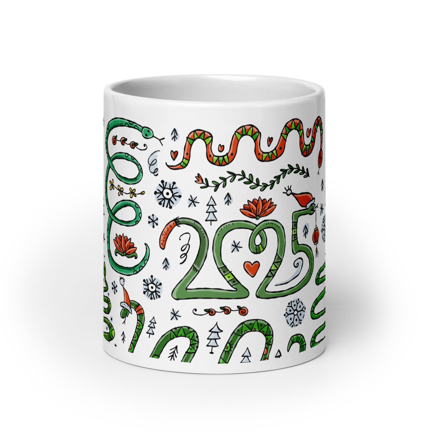 Mug 11 oz with 'Year of the Snake 2025' design, Chinese zodiac, ceramic mug with funny snakes in santa hats, symbol for a gift, personalized souvenir for New Year