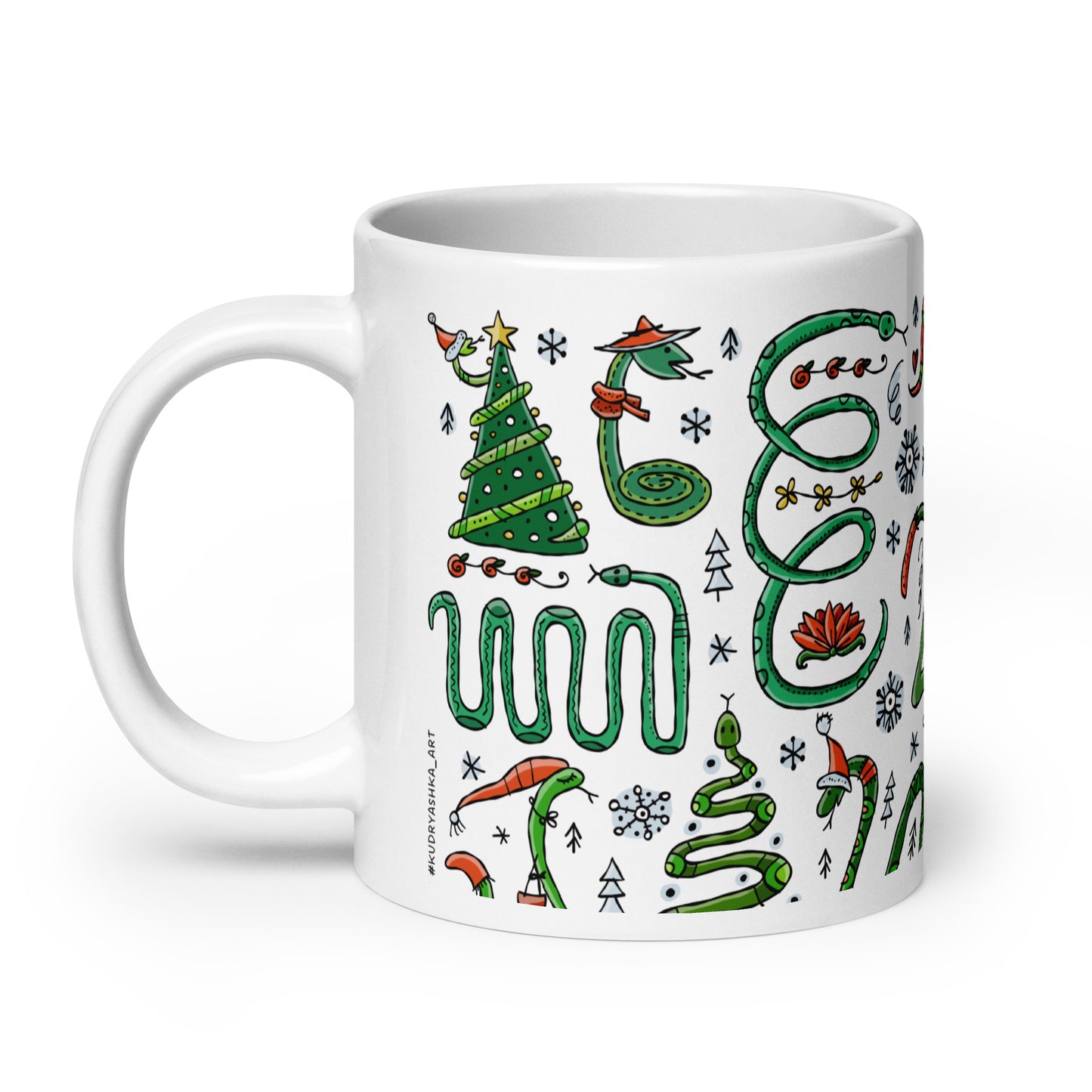 Mug 11 oz with 'Year of the Snake 2025' design, Chinese zodiac, ceramic mug with funny snakes in santa hats, symbol for a gift, personalized souvenir for New Year