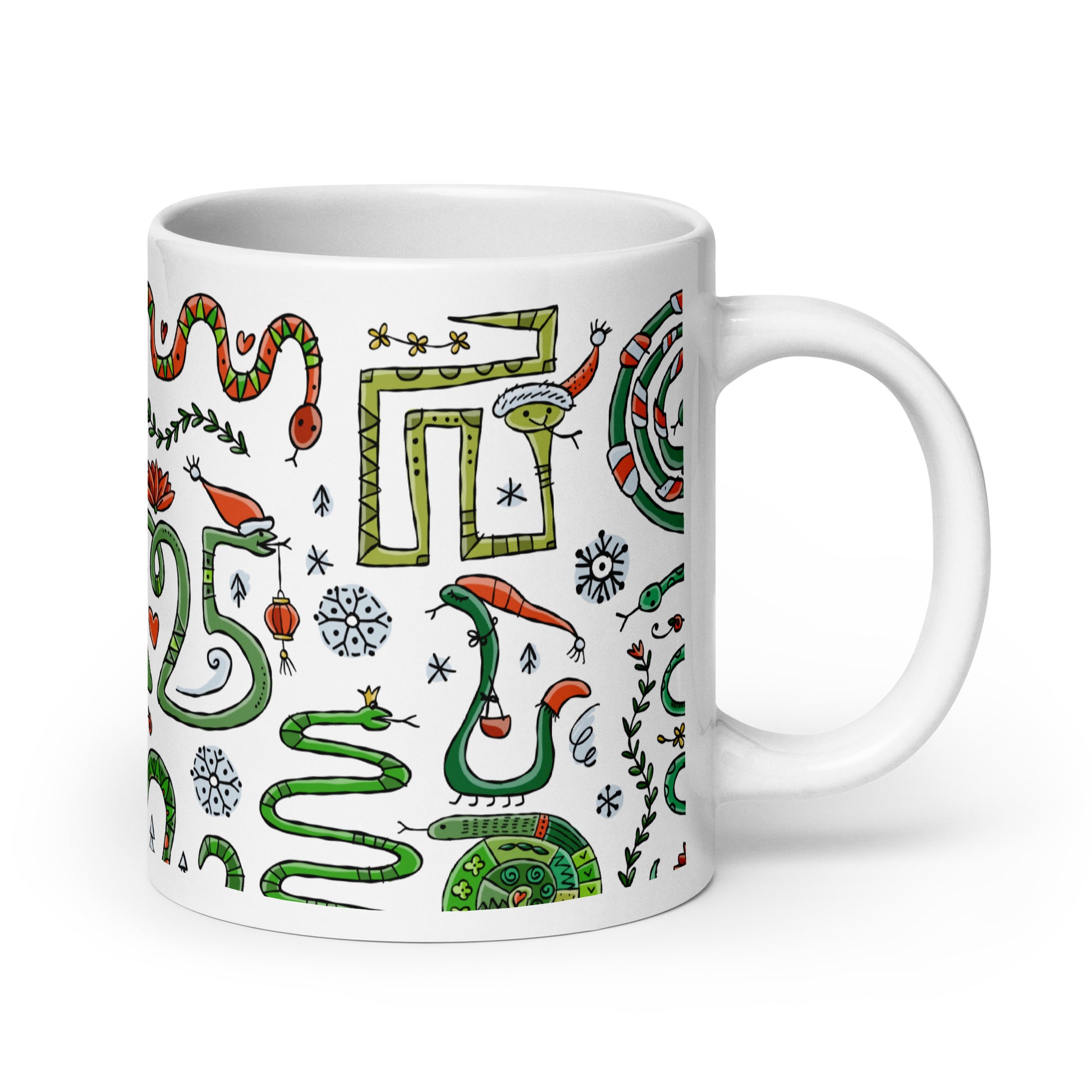 Mug 11 oz with 'Year of the Snake 2025' design, Chinese zodiac, ceramic mug with funny snakes in santa hats, symbol for a gift, personalized souvenir for New Year