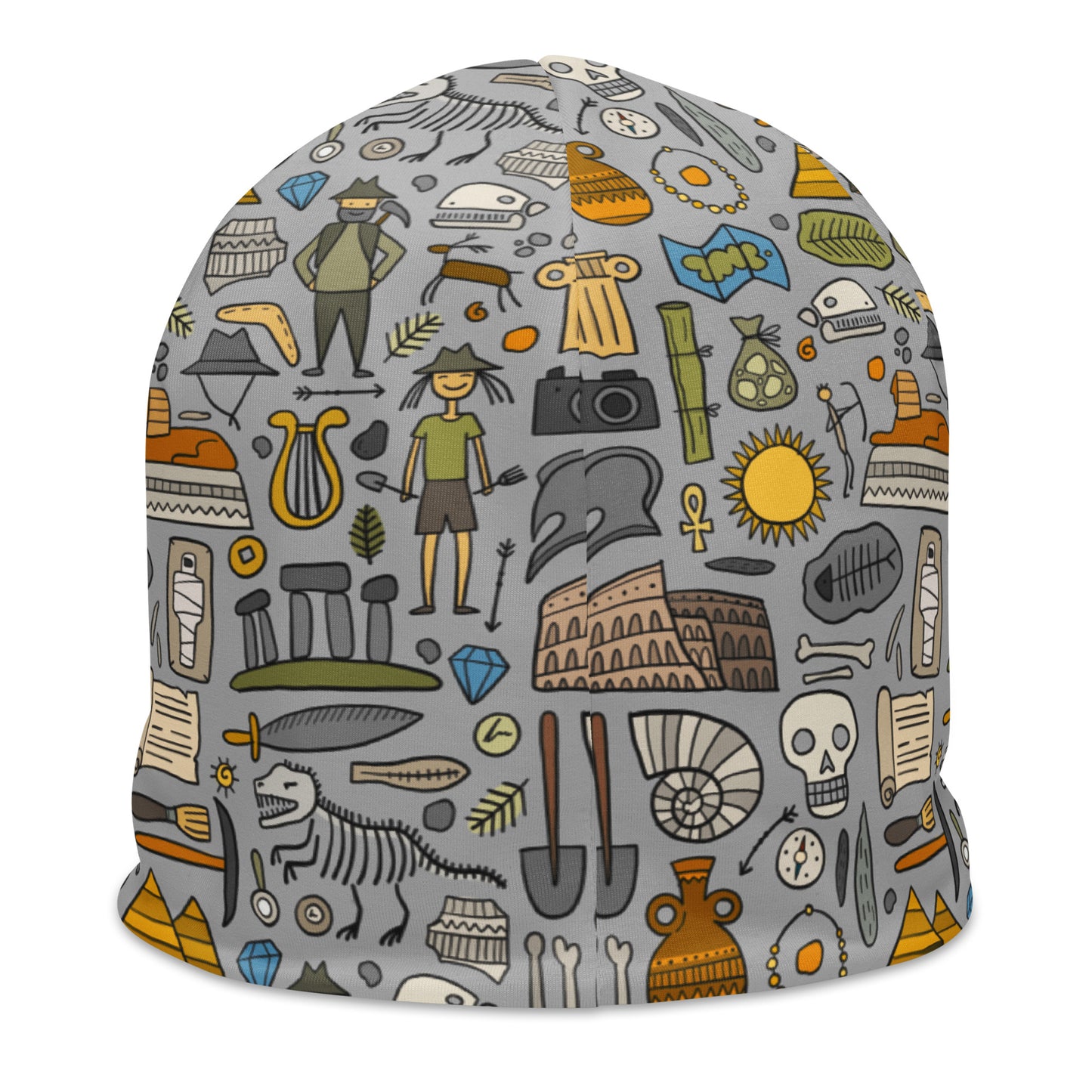 All-Over Print grey Beanie with funny Archeology print. Kudry