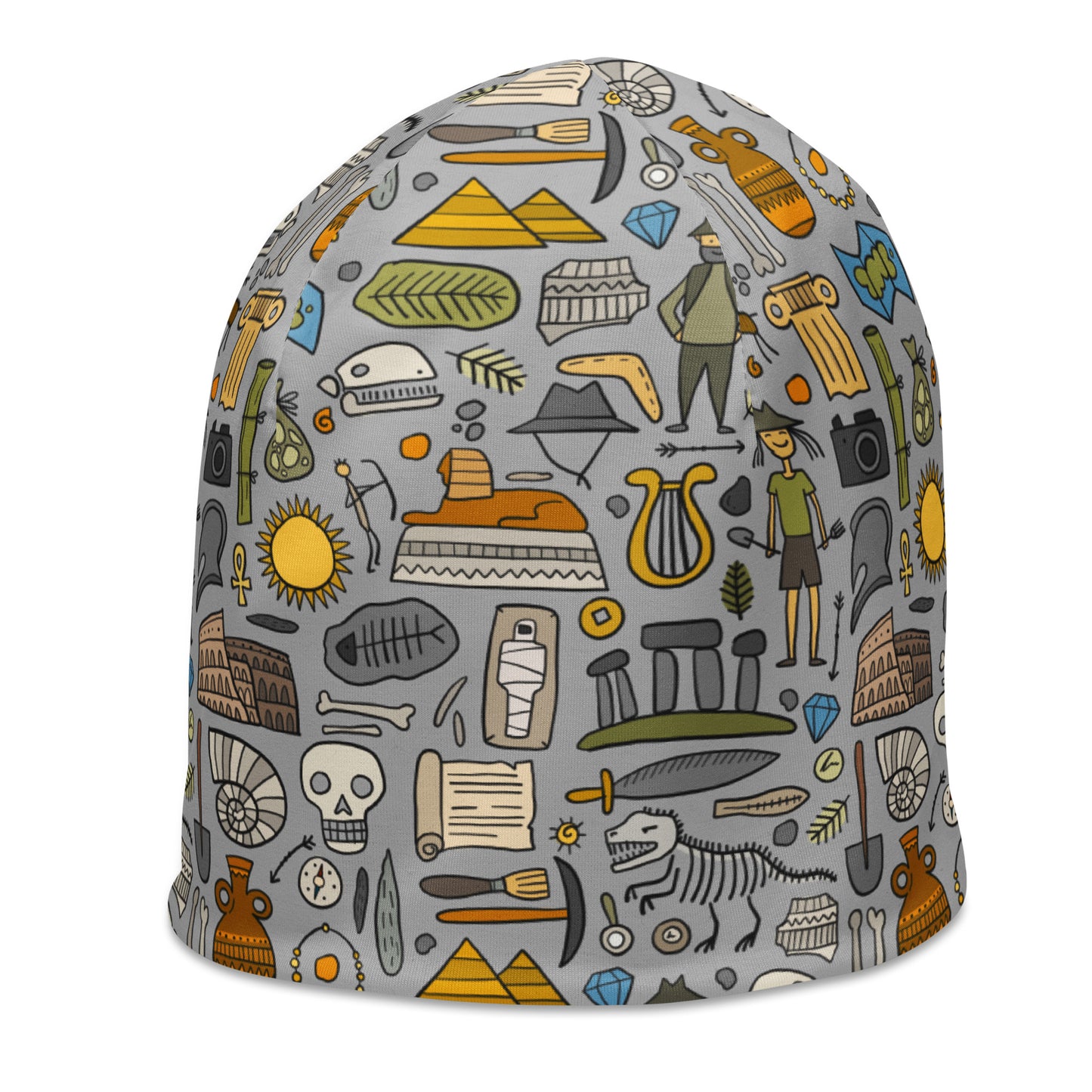 All-Over Print grey Beanie with funny Archeology print. Kudry