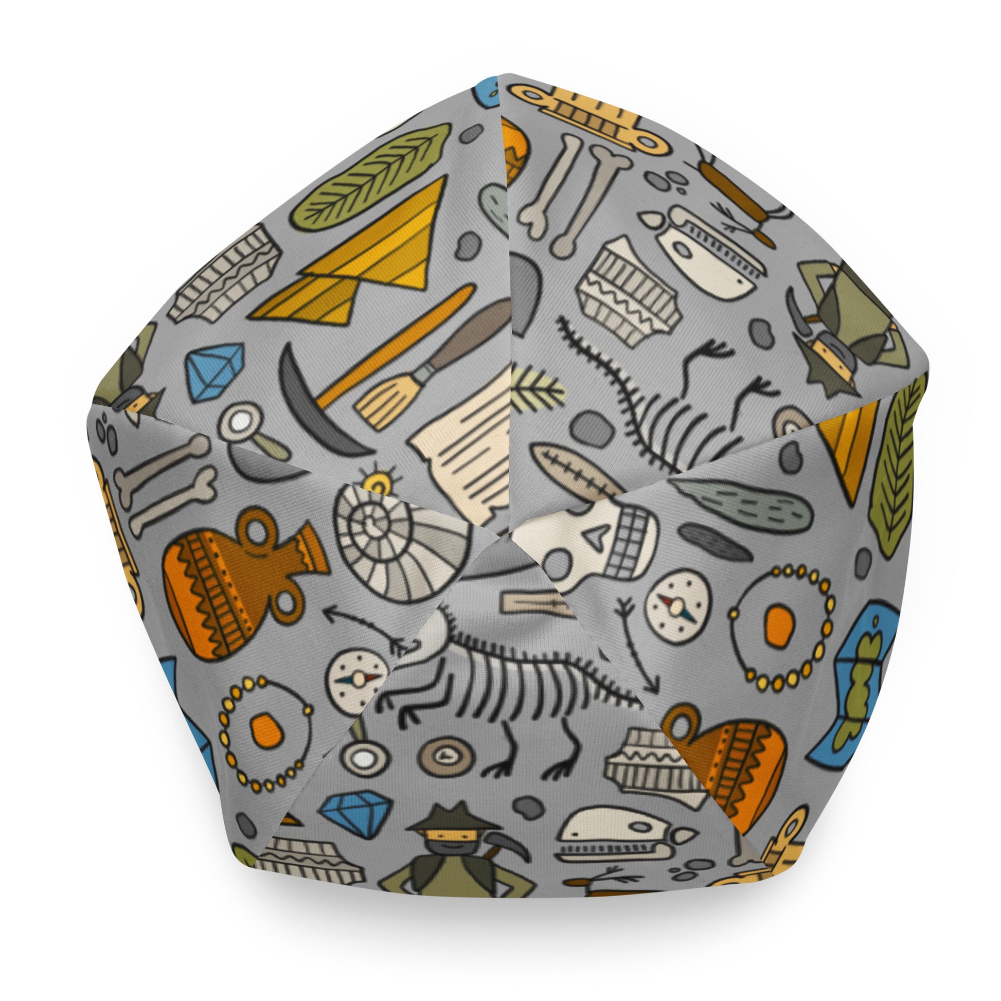 All-Over Print grey Beanie with funny Archeology print. Top view. Kudry