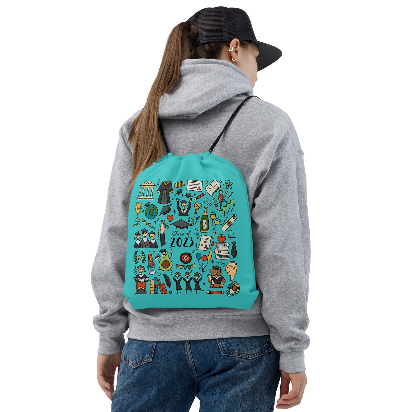 Customised graduation drawstring bag with funny designer print featuring graduates in hats and mantles, school-themed motifs, and a graduation teddy bear.
