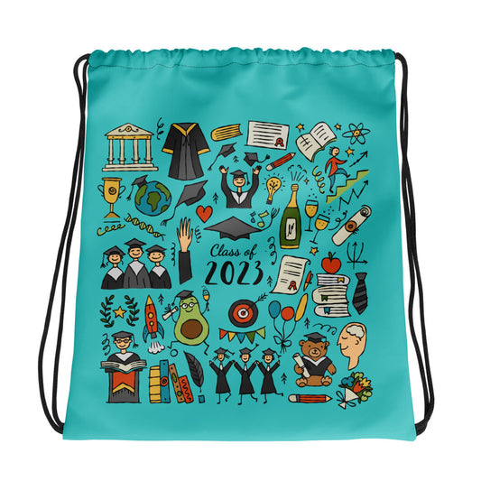 Customised graduation drawstring bag with funny designer print featuring graduates in hats and mantles, school-themed motifs, and a graduation teddy bear. 