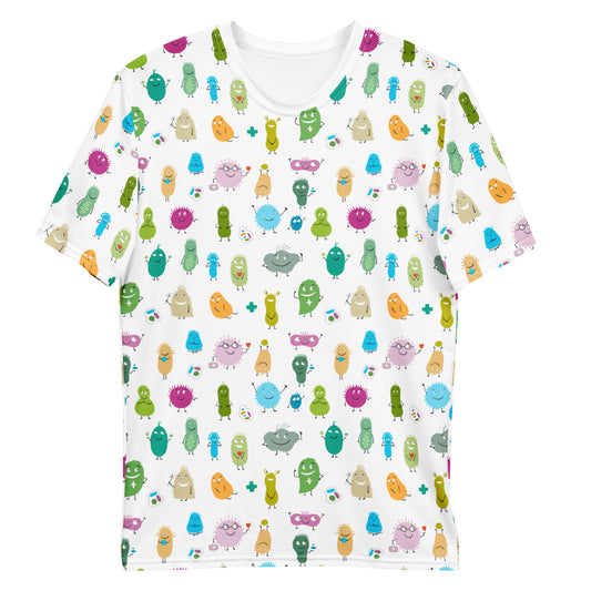 Men's t-shirt all over print white with funny viruses and bacteries print, Biology. Front view