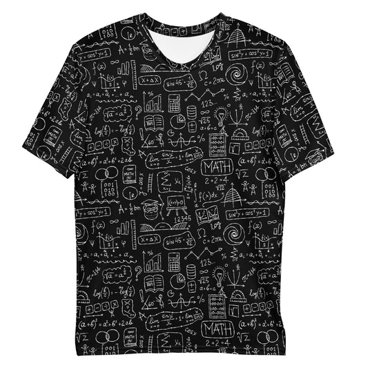 Men all-over print t-shirt in black and white. Math formulas and symbols for STEM enthusiasts. kudrylab