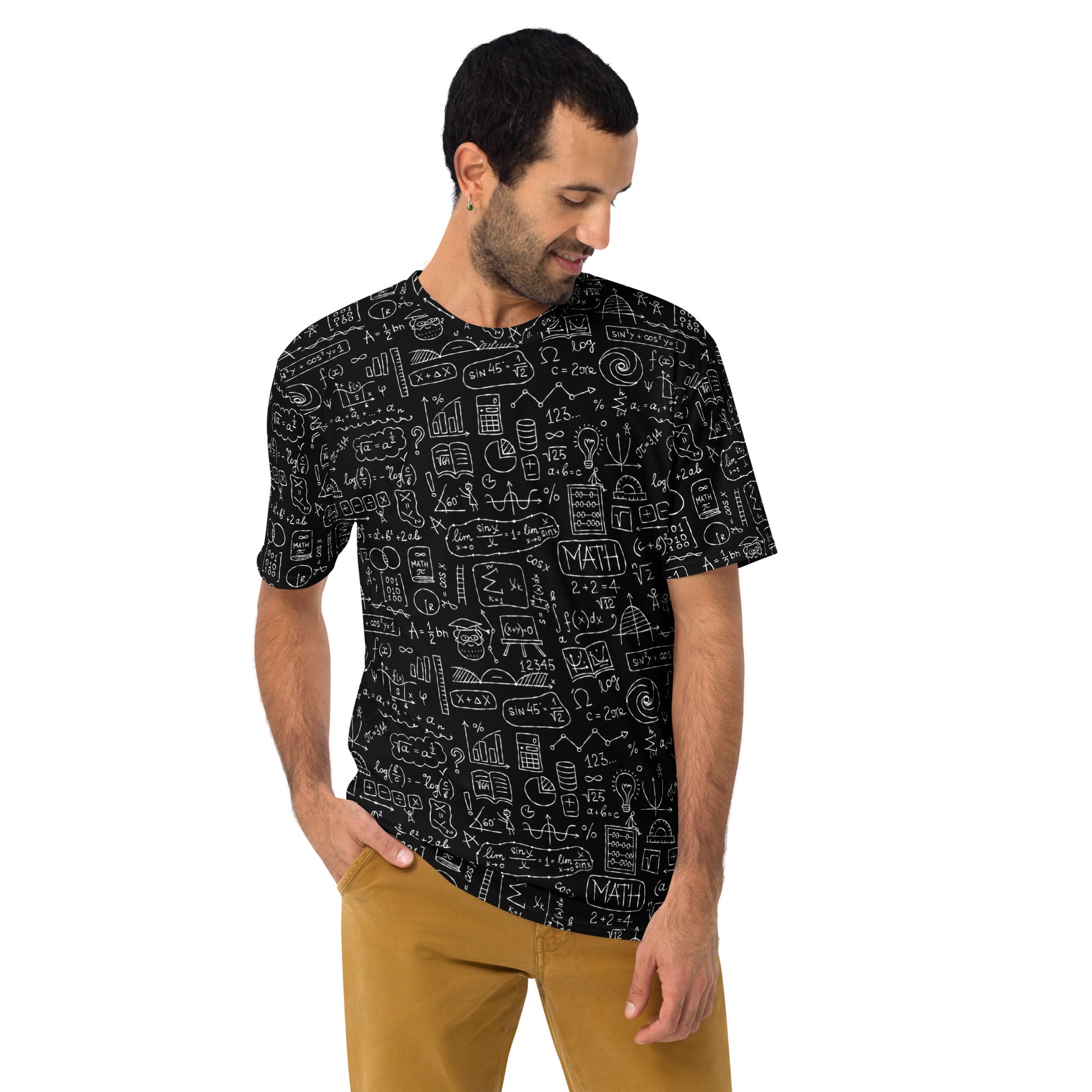 Men all-over print t-shirt in black and white. Math formulas and symbols for STEM enthusiasts. kudrylab