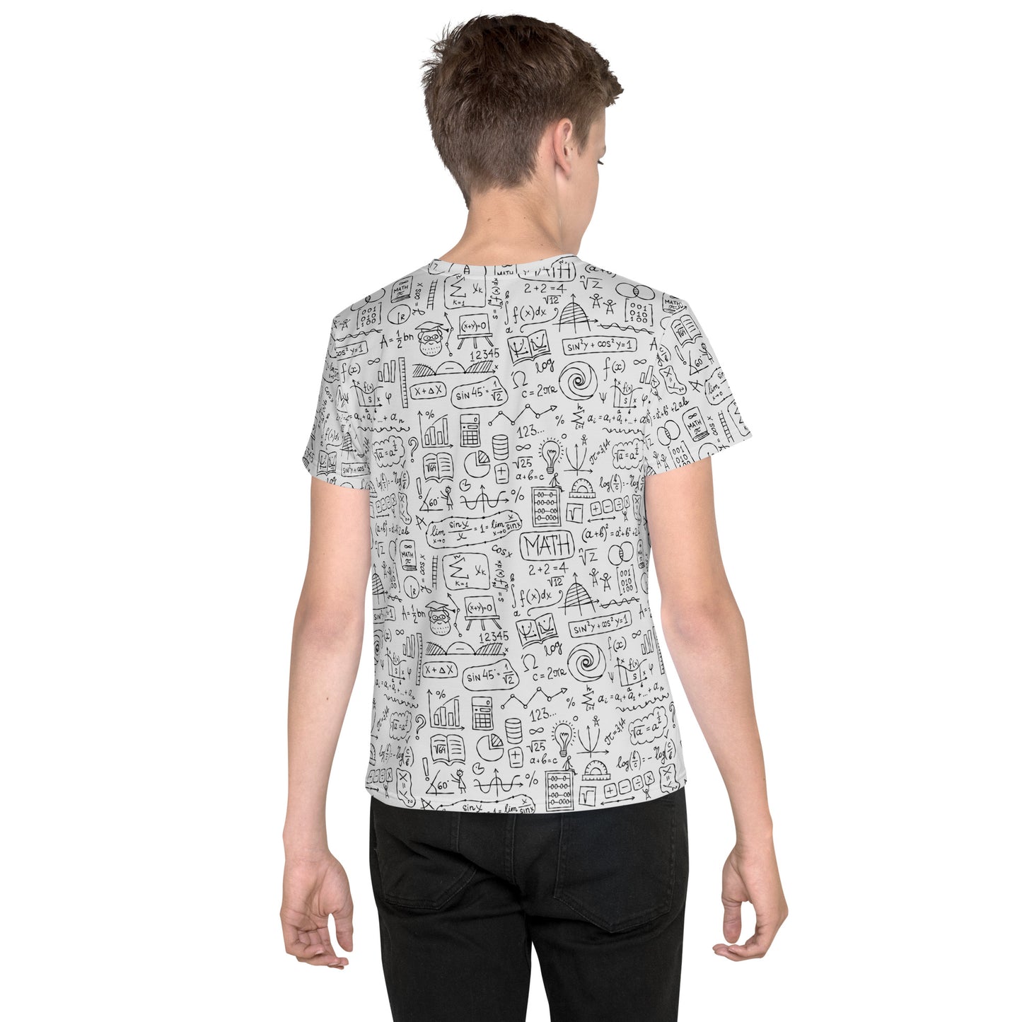 Boy wearing t-shirt light grey color with all-over math print featuring algebra and calculus symbols and equations. Back view