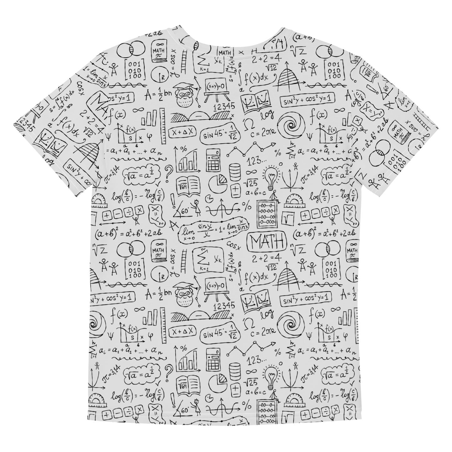 Youth t-shirt light grey color with all-over math print featuring algebra and calculus symbols and equations