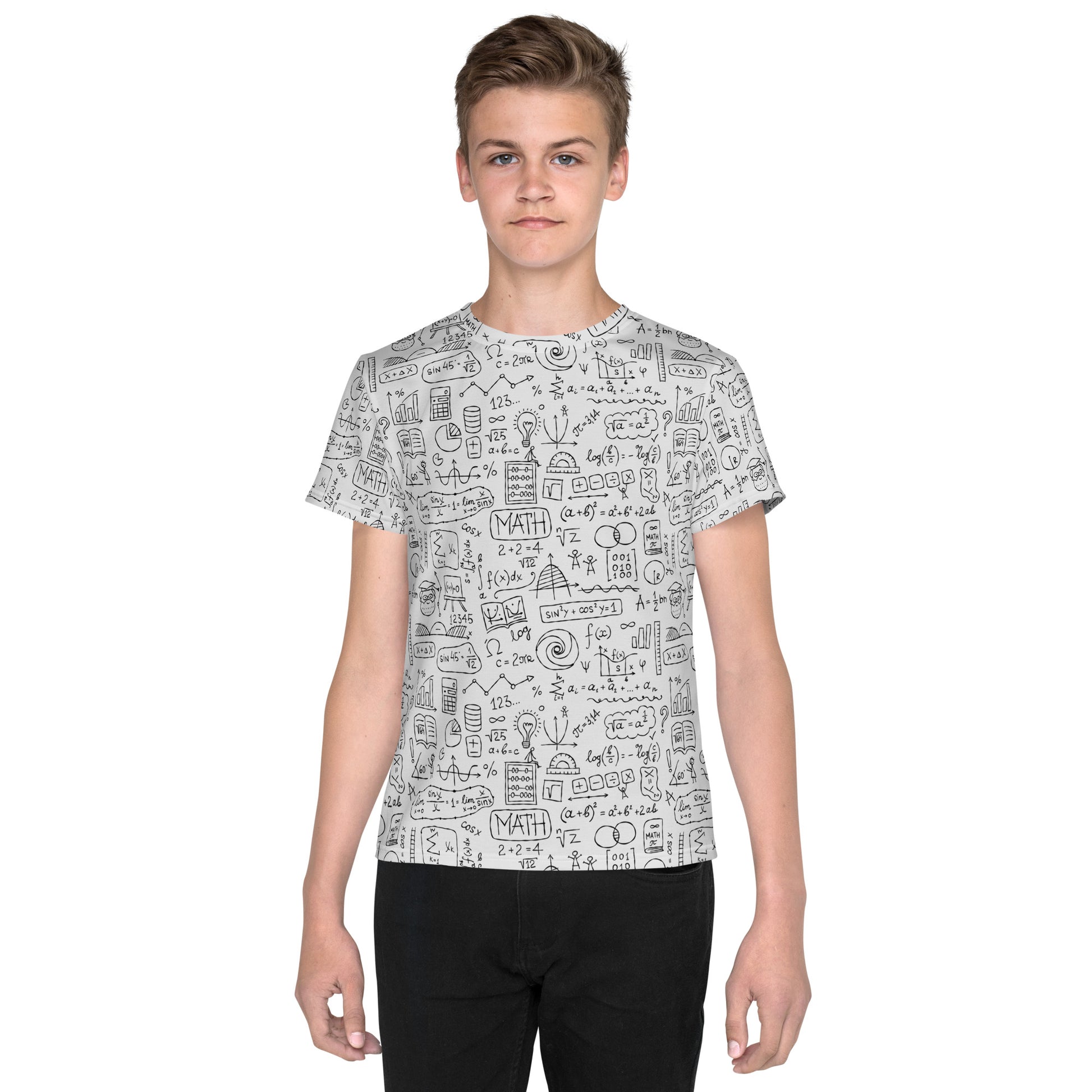 Boy wearing t-shirt light grey color with all-over math print featuring algebra and calculus symbols and equations. Front view