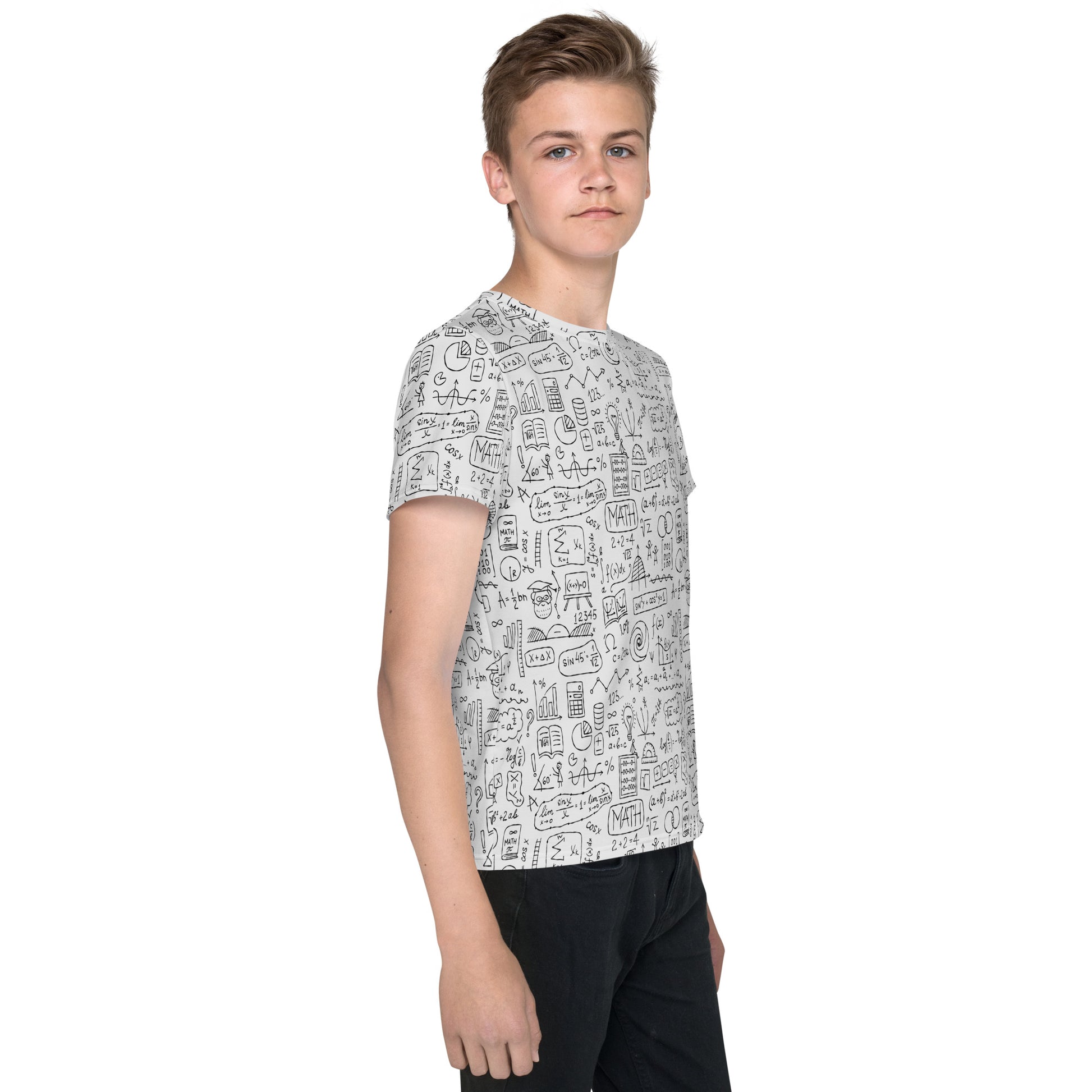 Boy wearing t-shirt light grey color with all-over math print featuring algebra and calculus symbols and equations
