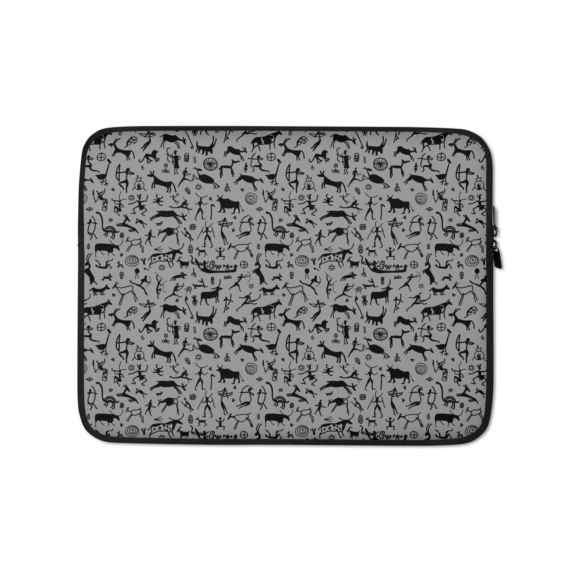Stylish Laptop Sleeve / Cover dark grey color with ethnic designer print - black cave drawings for archeology and history lover