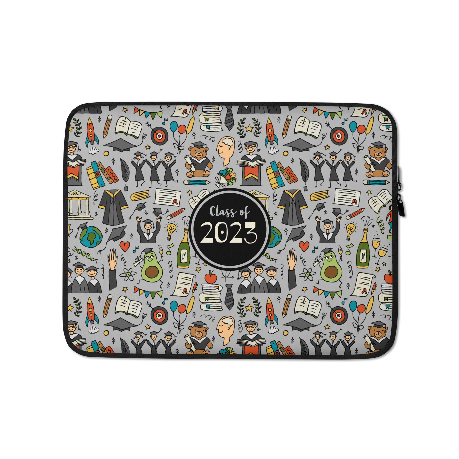 Personalized graduation laptop sleeve 13" dark grey color with funny designer print featuring graduates in hats and mantles, school-themed motifs, celebration designs, and a graduation teddy bear. 