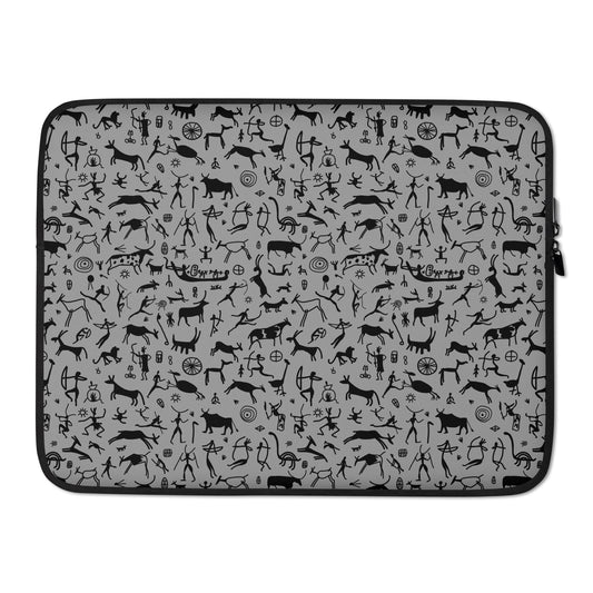 Stylish Laptop Sleeve / Cover dark grey color with ethnic designer print - black cave drawings for archeology and history lover