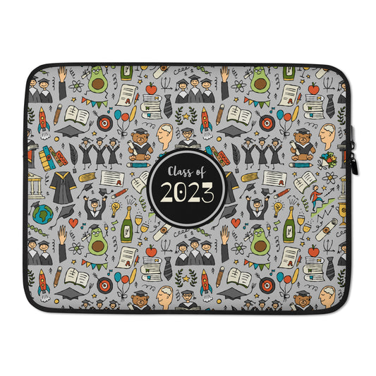 Personalized graduation laptop sleeve 15" dark grey color with funny designer print featuring graduates in hats and mantles, school-themed motifs, celebration designs, and a graduation teddy bear. or continuing their education.