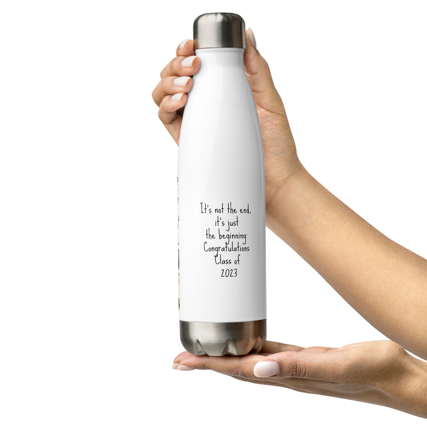 Personalised Graduation Stainless Steel Water Bottle with Funny Designer Print. Back side