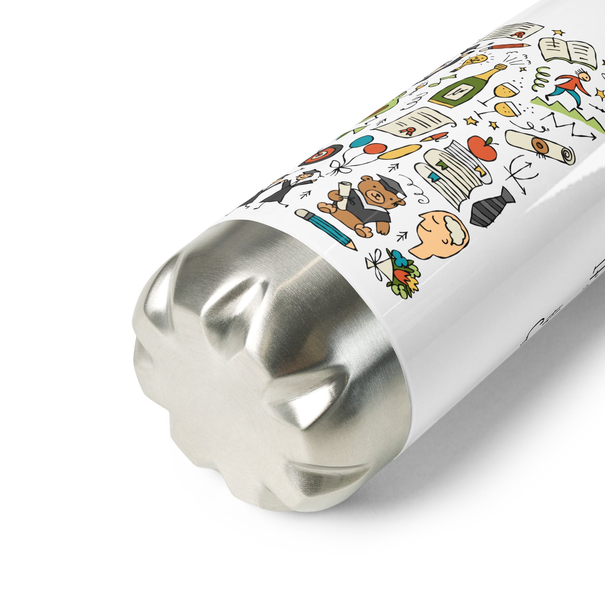 Personalised Graduation Stainless Steel Water Bottle with Funny Designer Print. Close Up