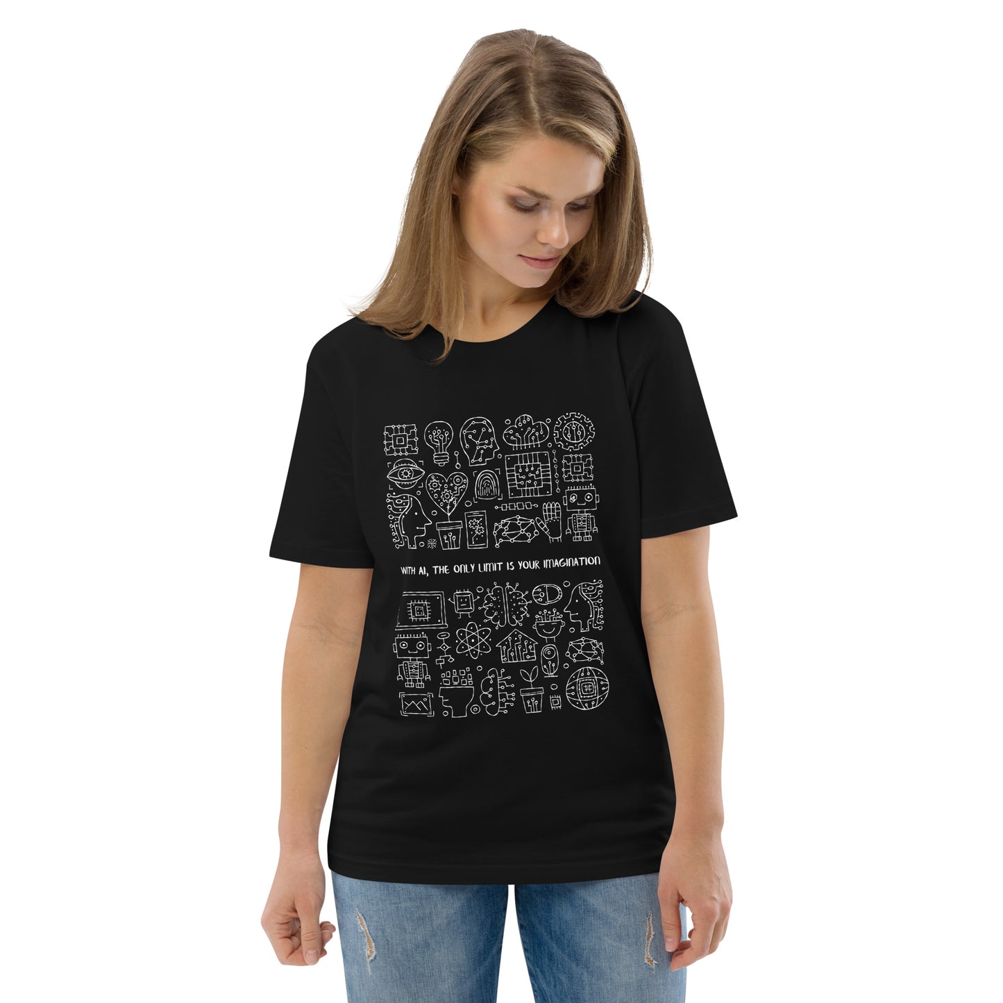 Woman in Personalised Unisex organic cotton t-shirt black color with abstract artificial intelligence design. kudrylab