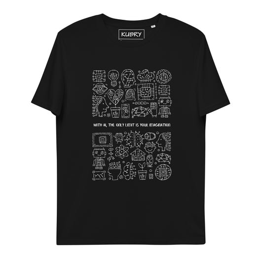 Personalised Unisex organic cotton t-shirt black color with abstract artificial intelligence design. kudrylab