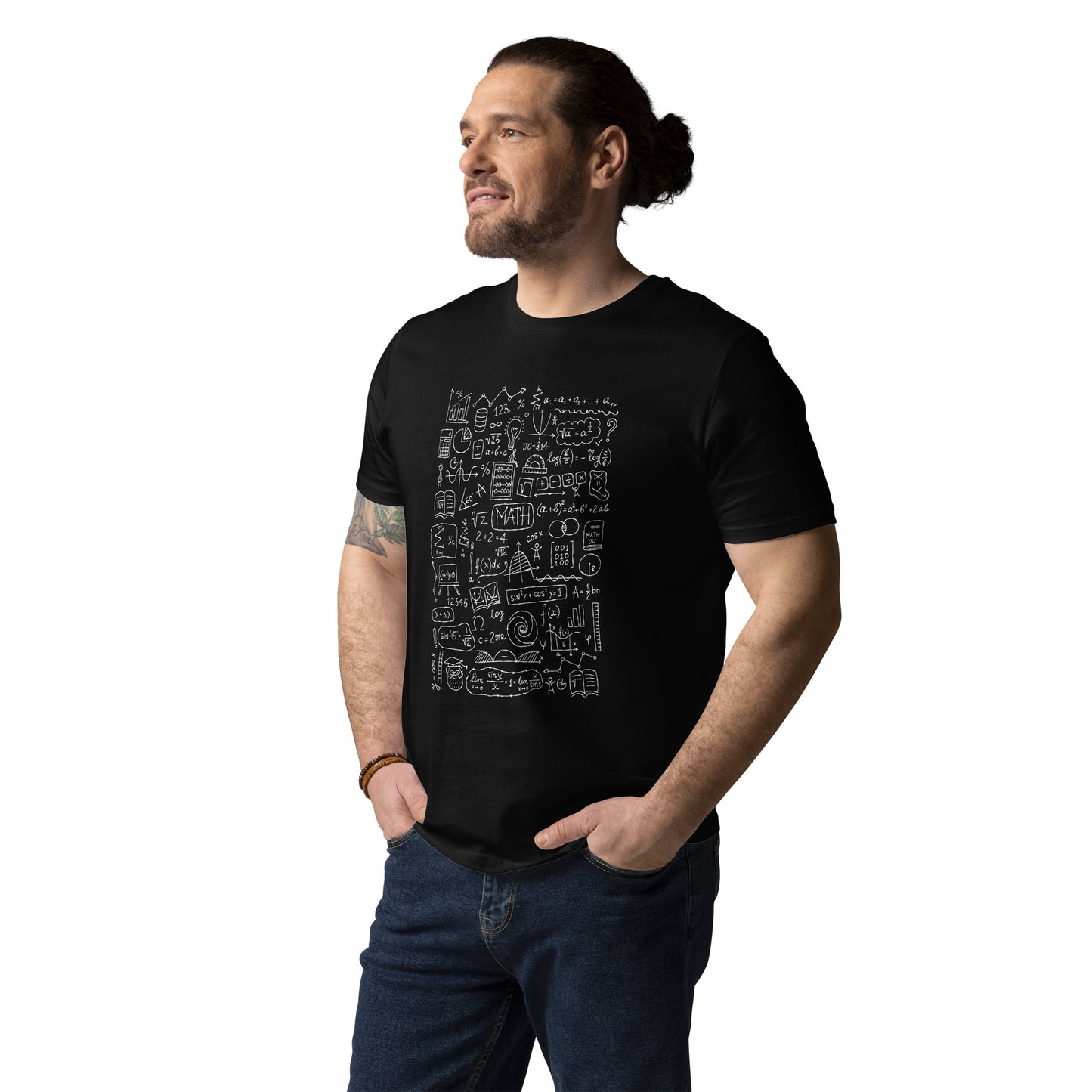 Man in Unisex black T-Shirt for Math Enthusiasts. with Hand-Drawn Math formulas and symbols