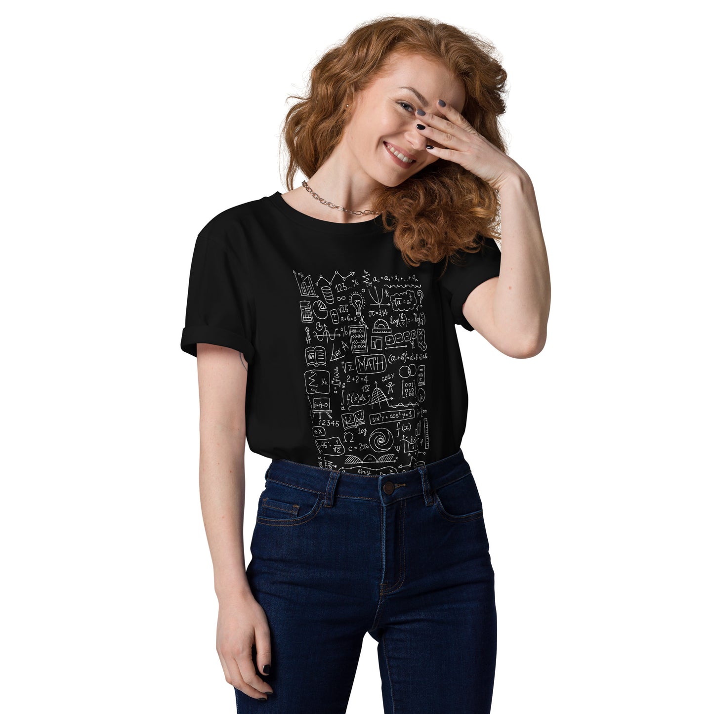 Smiling Girl in Unisex black T-Shirt for Math Enthusiasts. with Hand-Drawn Math formulas and symbols. 