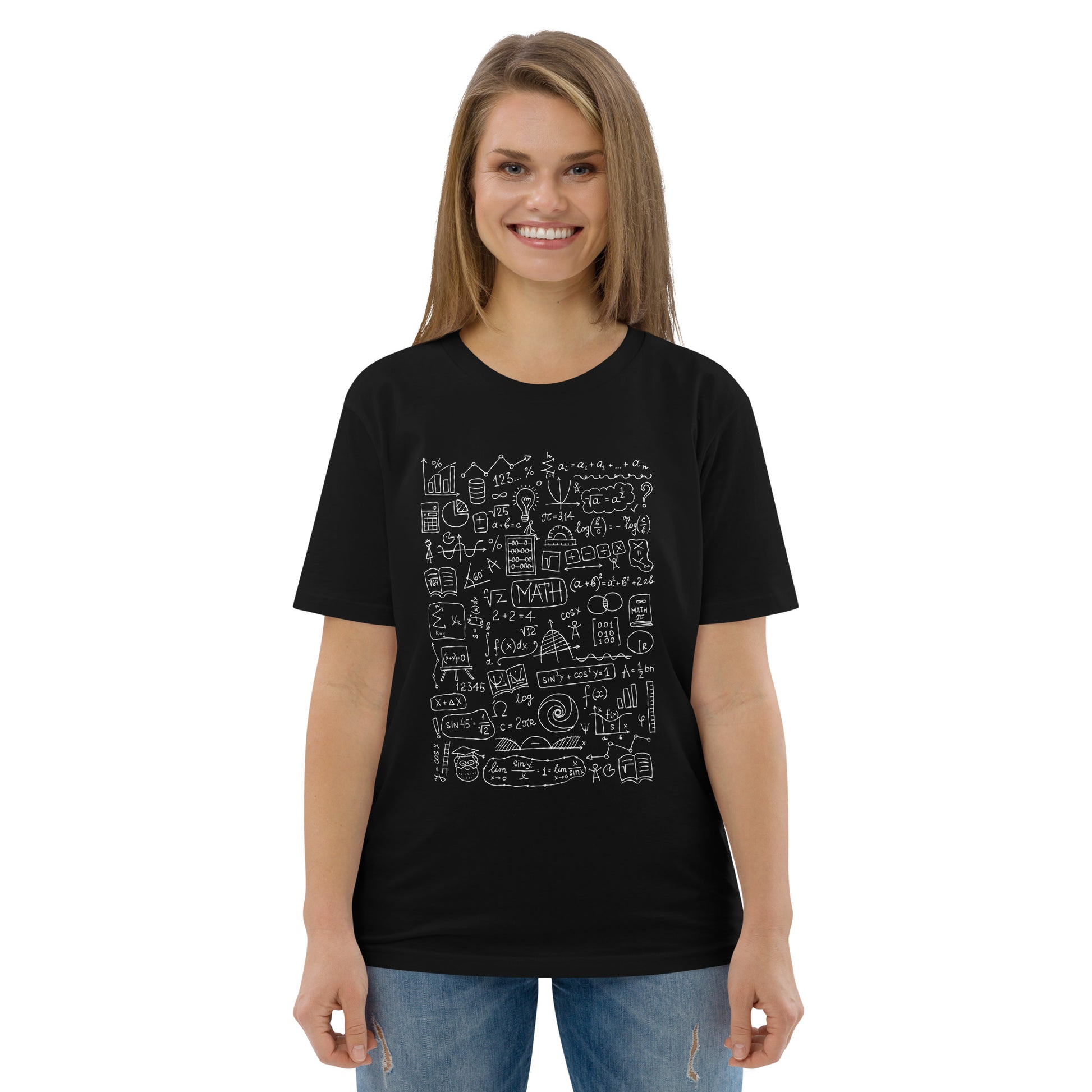 Smiling blondie Woman in Unisex black T-Shirt for Math Enthusiasts. with Hand-Drawn Math formulas and symbols. 